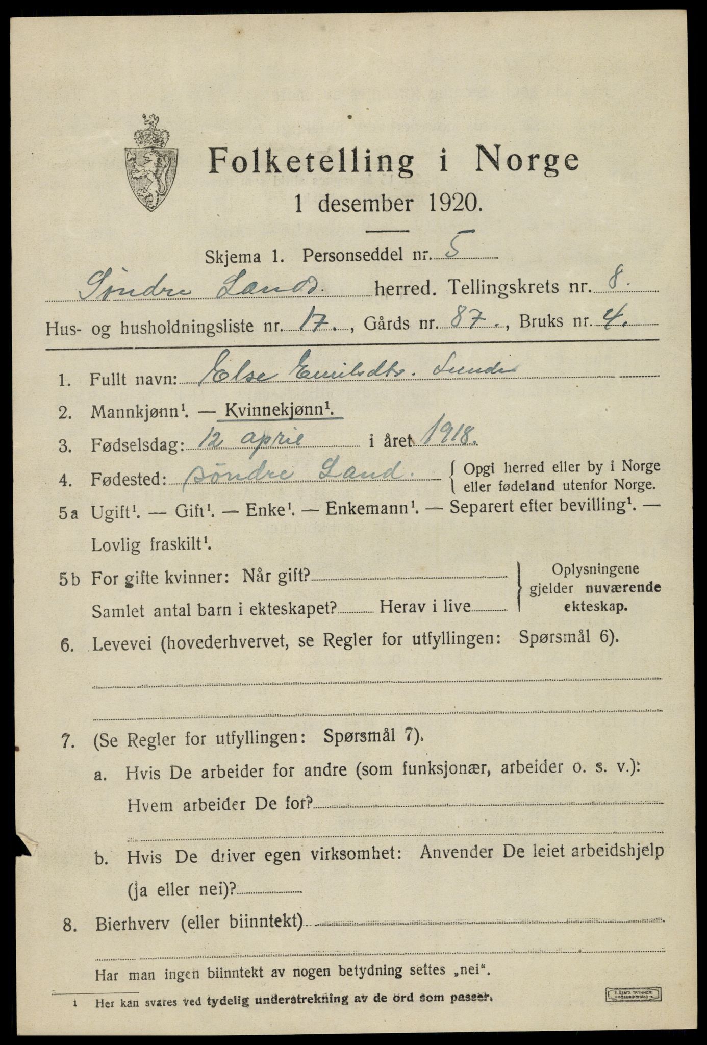 SAH, Folketelling 1920 for 0536 Søndre Land herred, 1920, s. 7845