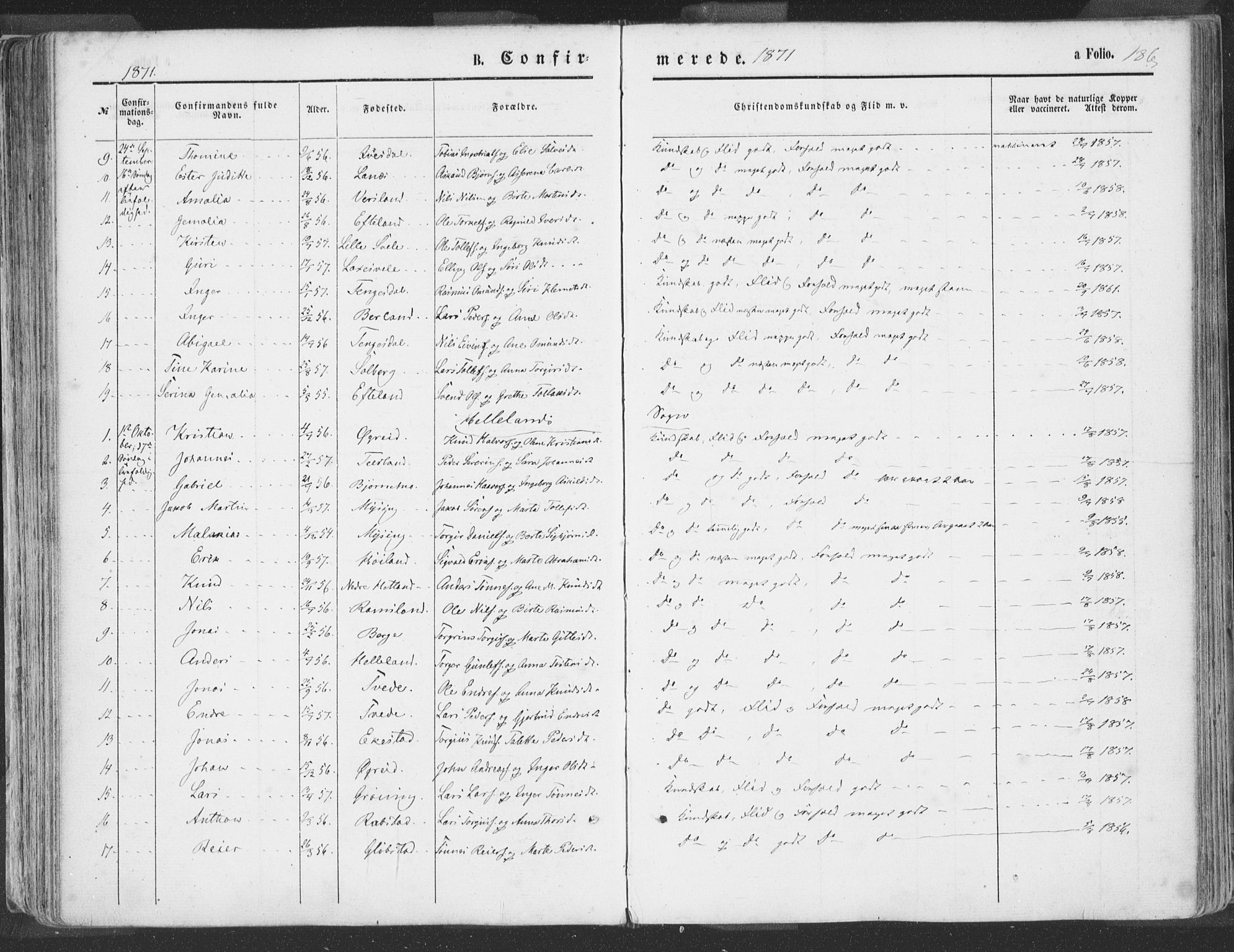 Helleland sokneprestkontor, SAST/A-101810: Ministerialbok nr. A 7.1, 1863-1886, s. 186