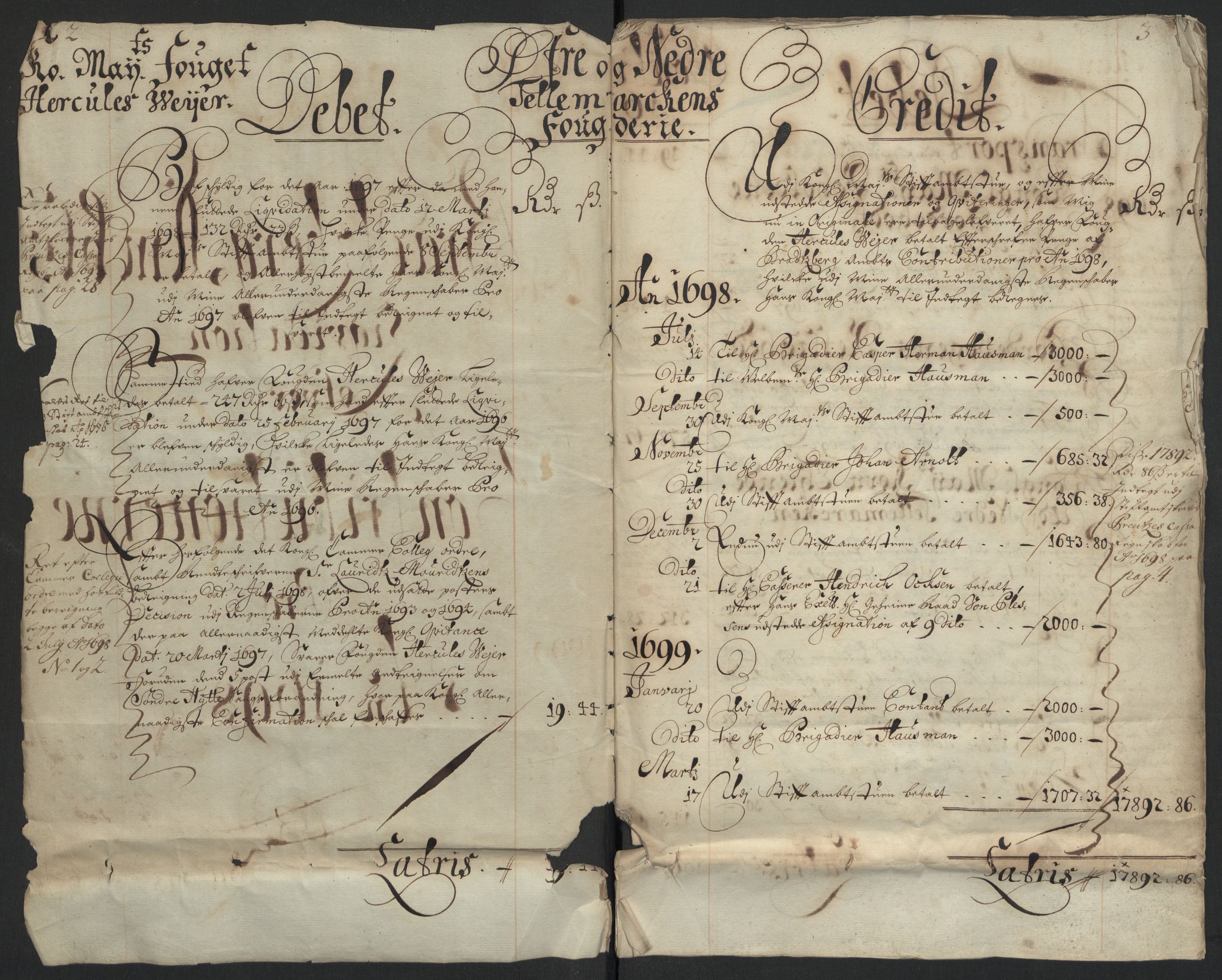 Rentekammeret inntil 1814, Reviderte regnskaper, Fogderegnskap, AV/RA-EA-4092/R36/L2098: Fogderegnskap Øvre og Nedre Telemark og Bamble, 1698, s. 5