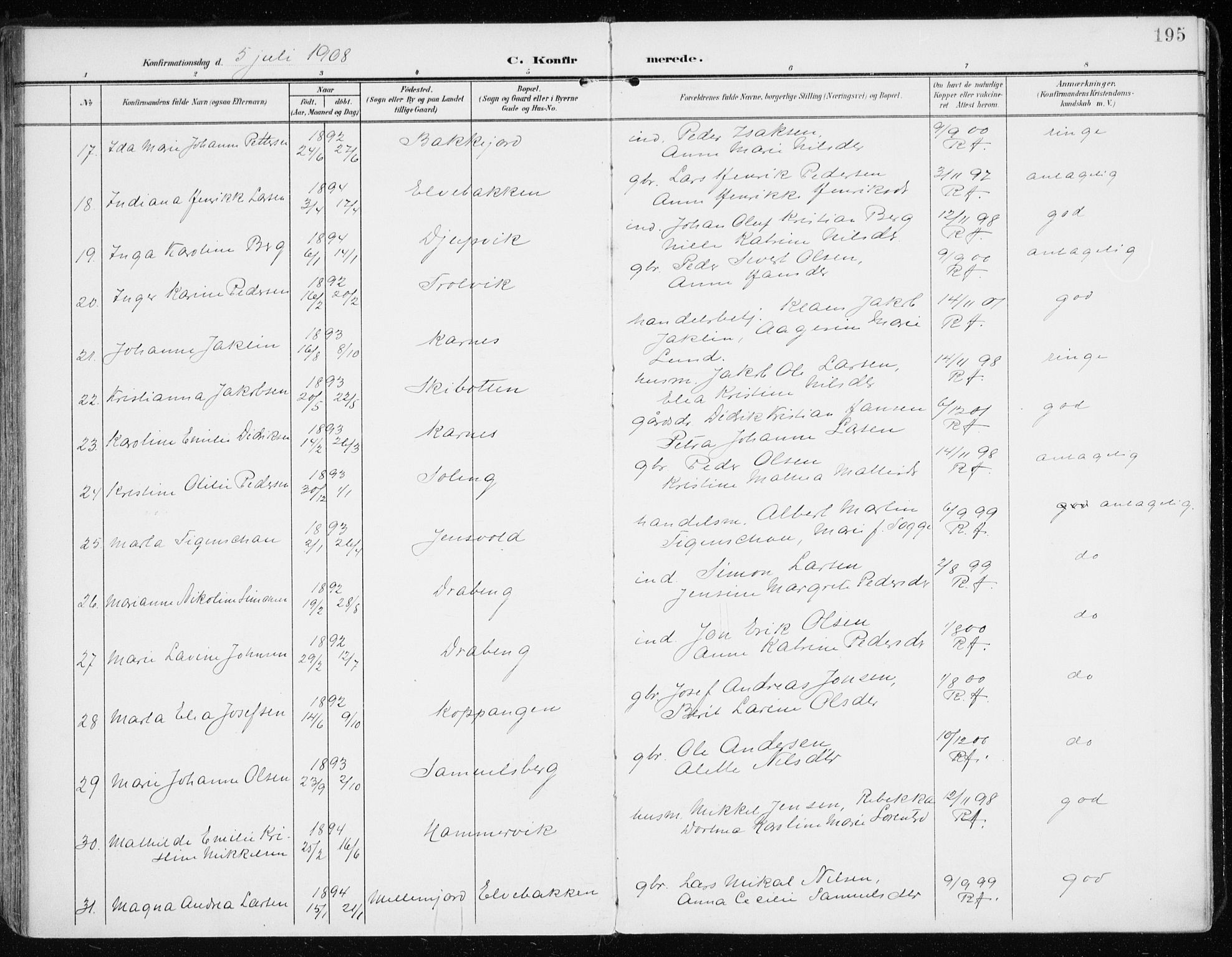 Lyngen sokneprestembete, AV/SATØ-S-1289/H/He/Hea/L0011kirke: Ministerialbok nr. 11, 1903-1913, s. 195