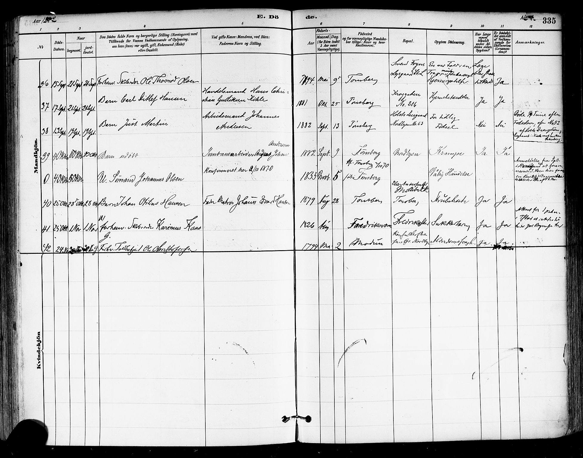 Tønsberg kirkebøker, AV/SAKO-A-330/F/Fa/L0011: Ministerialbok nr. I 11, 1881-1890, s. 335