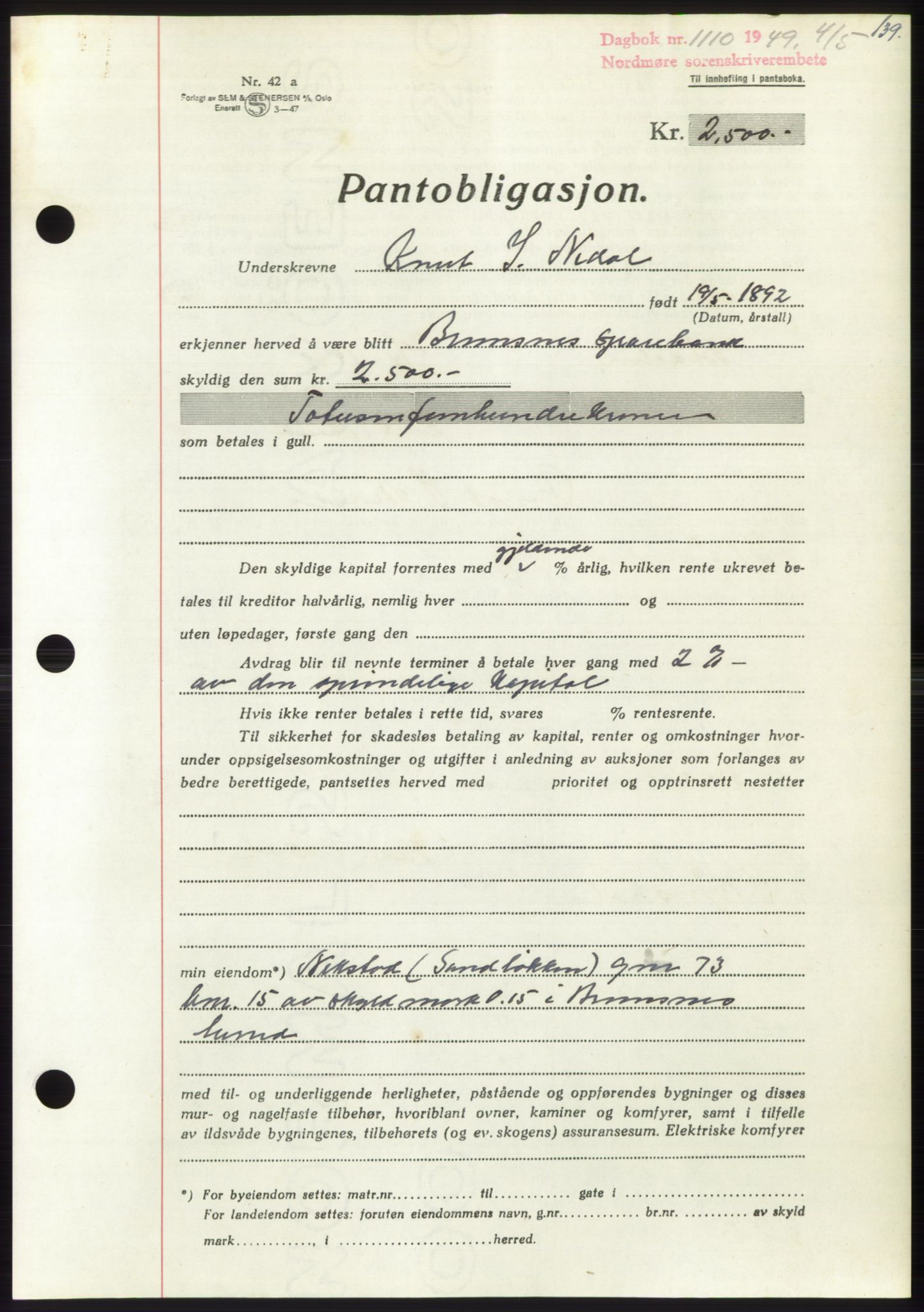 Nordmøre sorenskriveri, AV/SAT-A-4132/1/2/2Ca: Pantebok nr. B101, 1949-1949, Dagboknr: 1110/1949