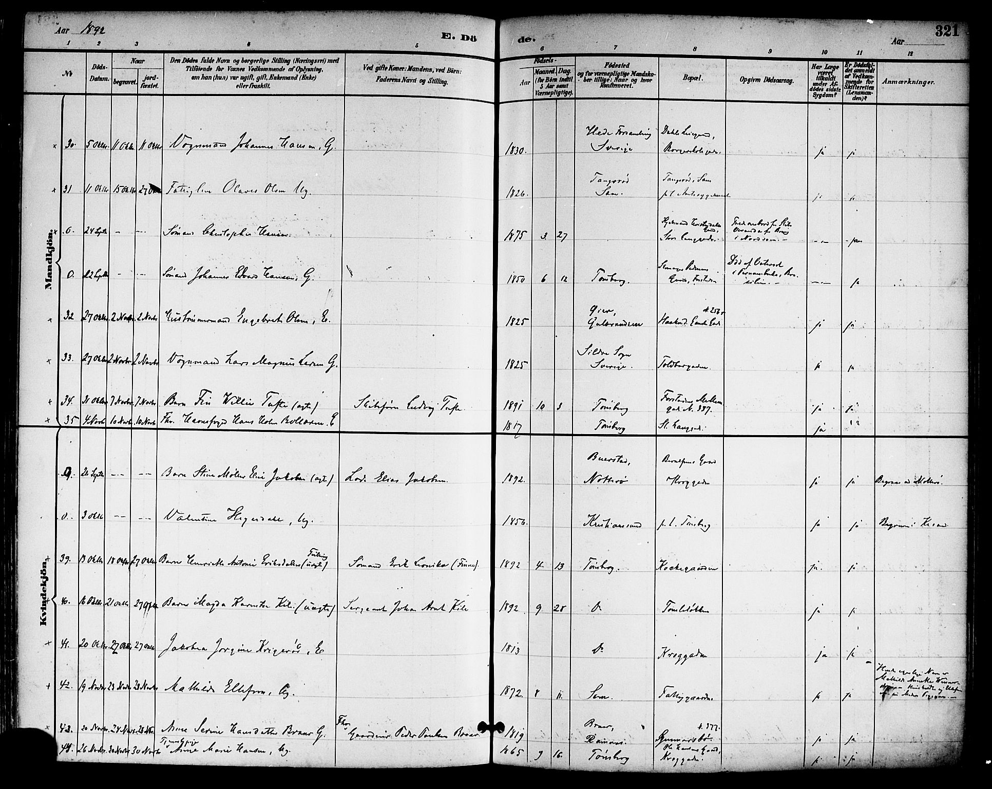 Tønsberg kirkebøker, AV/SAKO-A-330/F/Fa/L0012: Ministerialbok nr. I 12, 1891-1899, s. 321