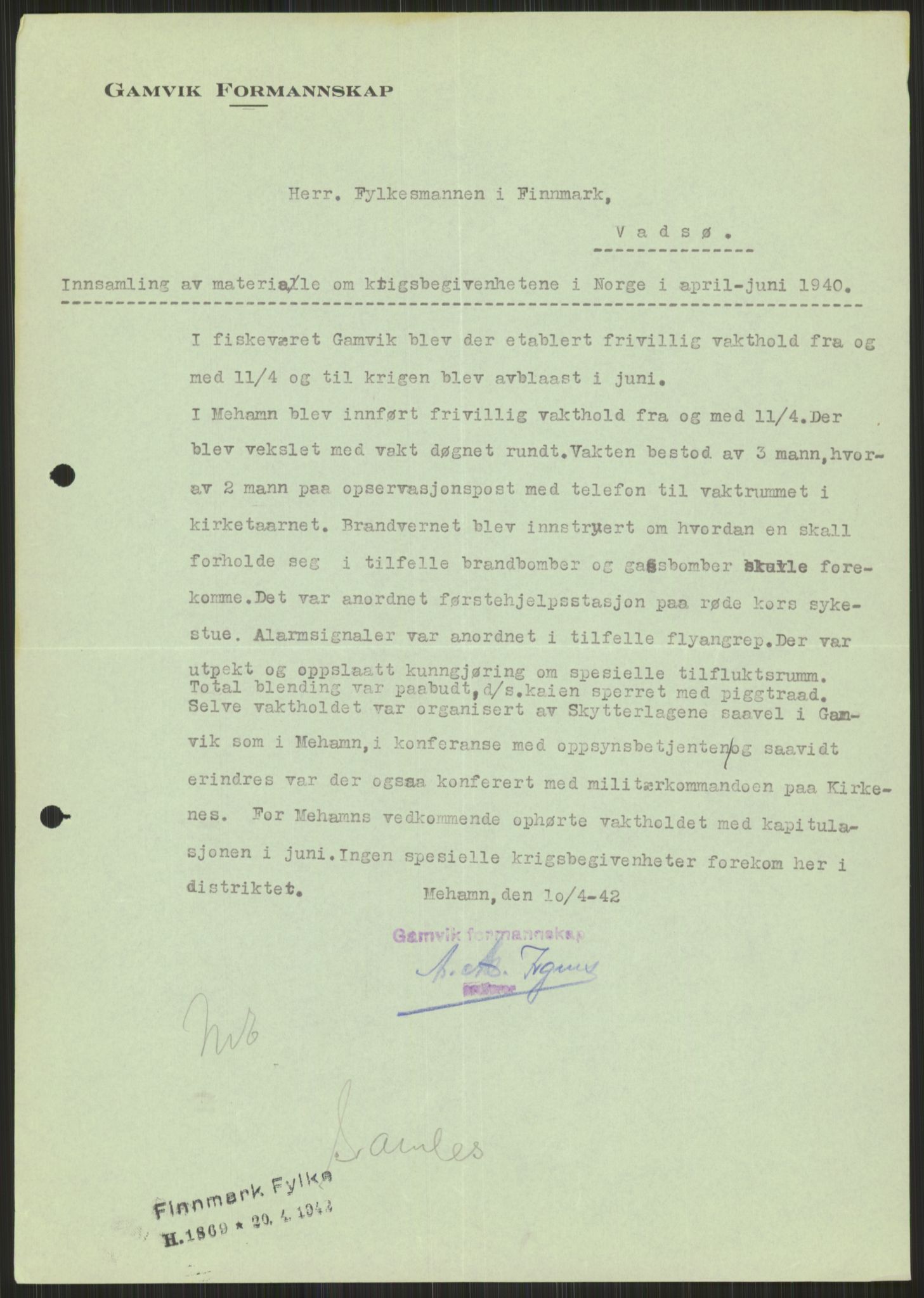 Forsvaret, Forsvarets krigshistoriske avdeling, AV/RA-RAFA-2017/Y/Ya/L0017: II-C-11-31 - Fylkesmenn.  Rapporter om krigsbegivenhetene 1940., 1940, s. 701