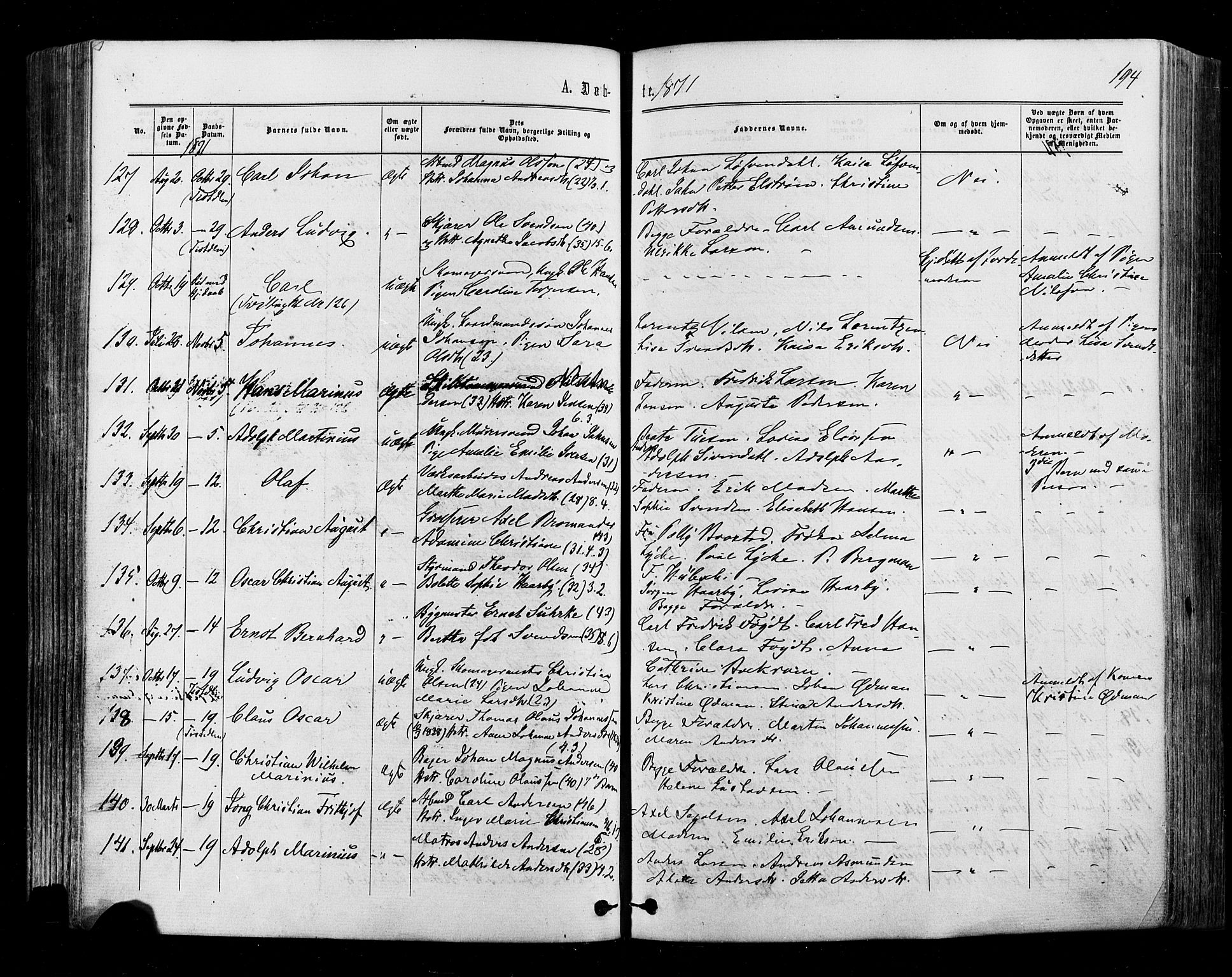 Halden prestekontor Kirkebøker, AV/SAO-A-10909/F/Fa/L0009: Ministerialbok nr. I 9, 1866-1877, s. 194