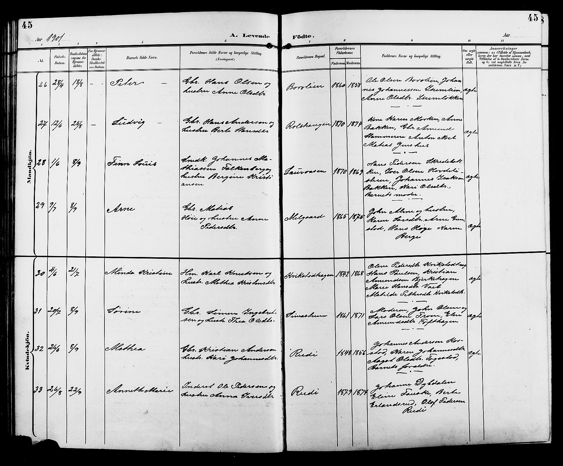 Sør-Fron prestekontor, AV/SAH-PREST-010/H/Ha/Hab/L0004: Klokkerbok nr. 4, 1896-1911, s. 45