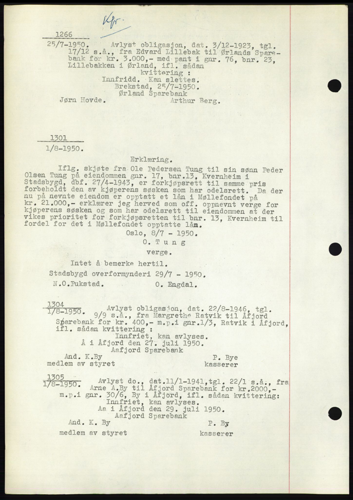 Fosen sorenskriveri, AV/SAT-A-1107/1/2/2C: Pantebok nr. B3, 1948-1950, Dagboknr: 1266/1950
