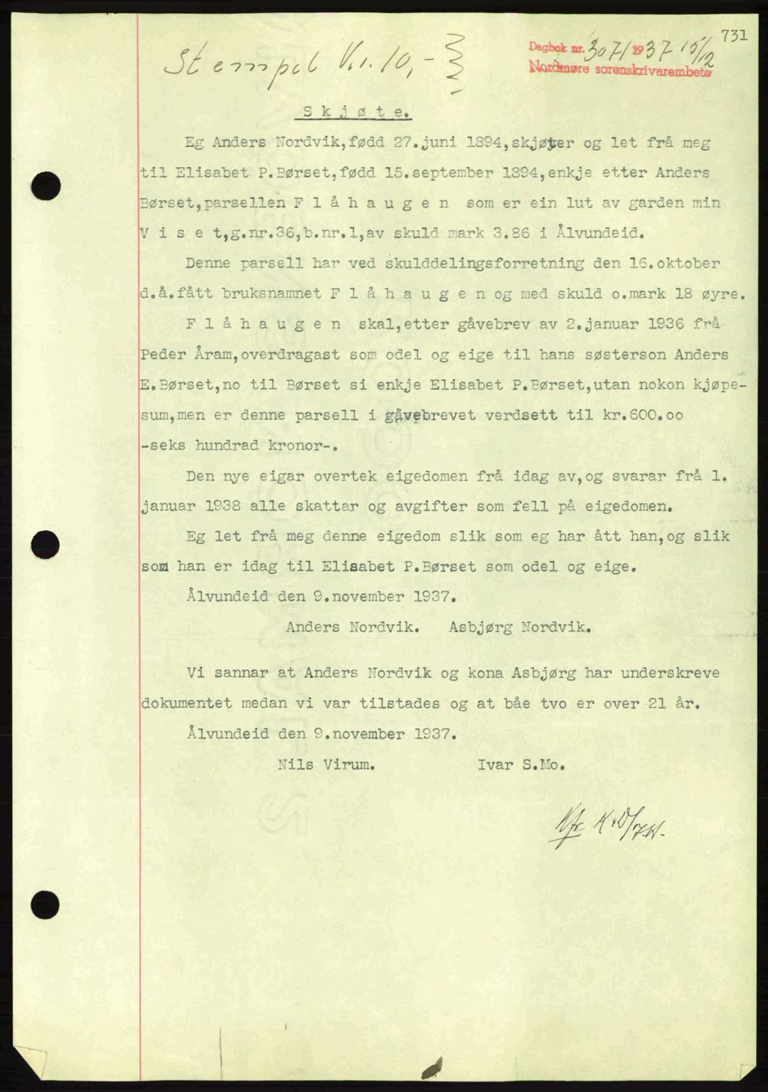 Nordmøre sorenskriveri, SAT/A-4132/1/2/2Ca: Pantebok nr. A82, 1937-1938, Dagboknr: 3071/1937