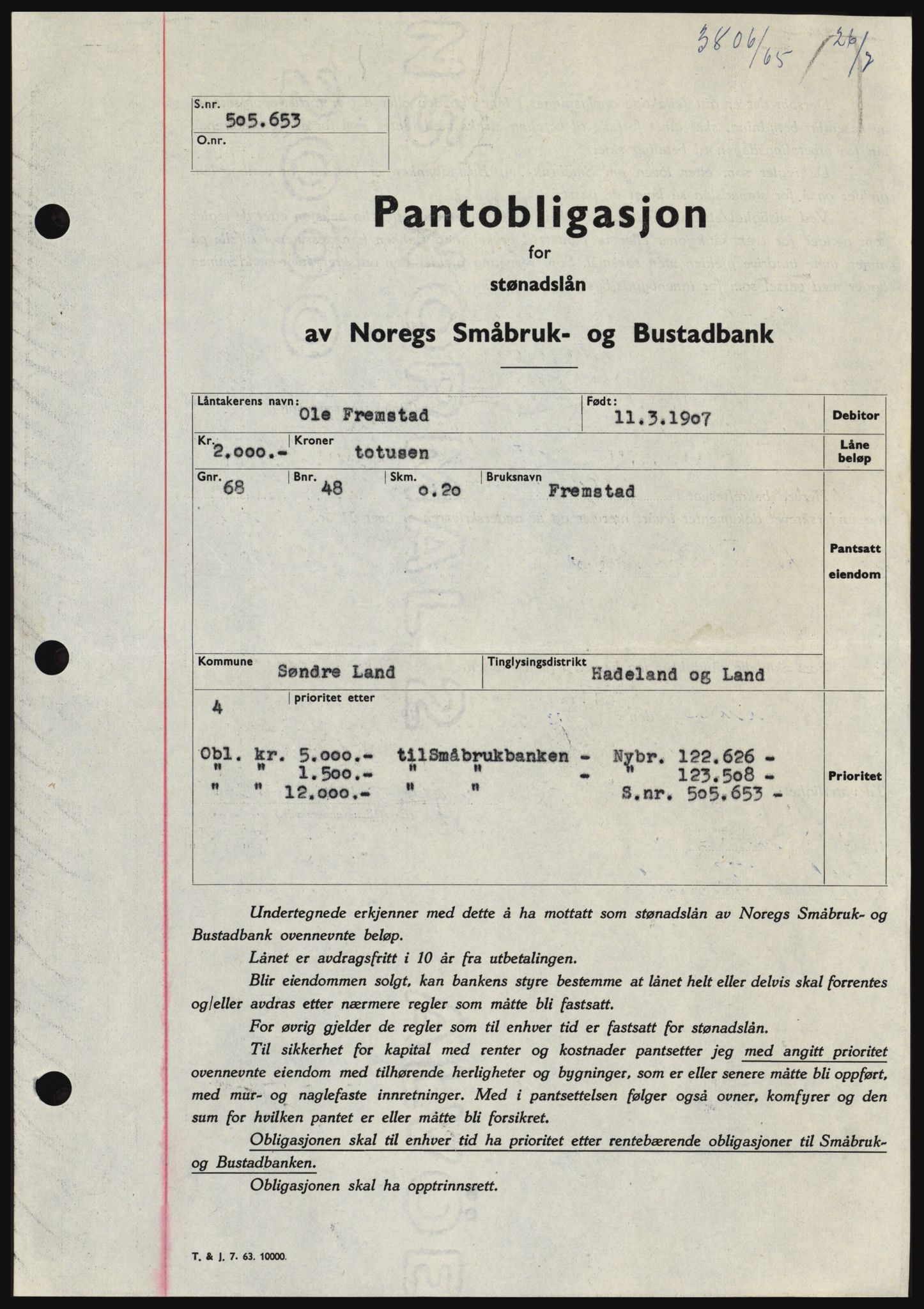 Hadeland og Land tingrett, SAH/TING-010/H/Hb/Hbc/L0059: Pantebok nr. B59, 1965-1965, Dagboknr: 3806/1965