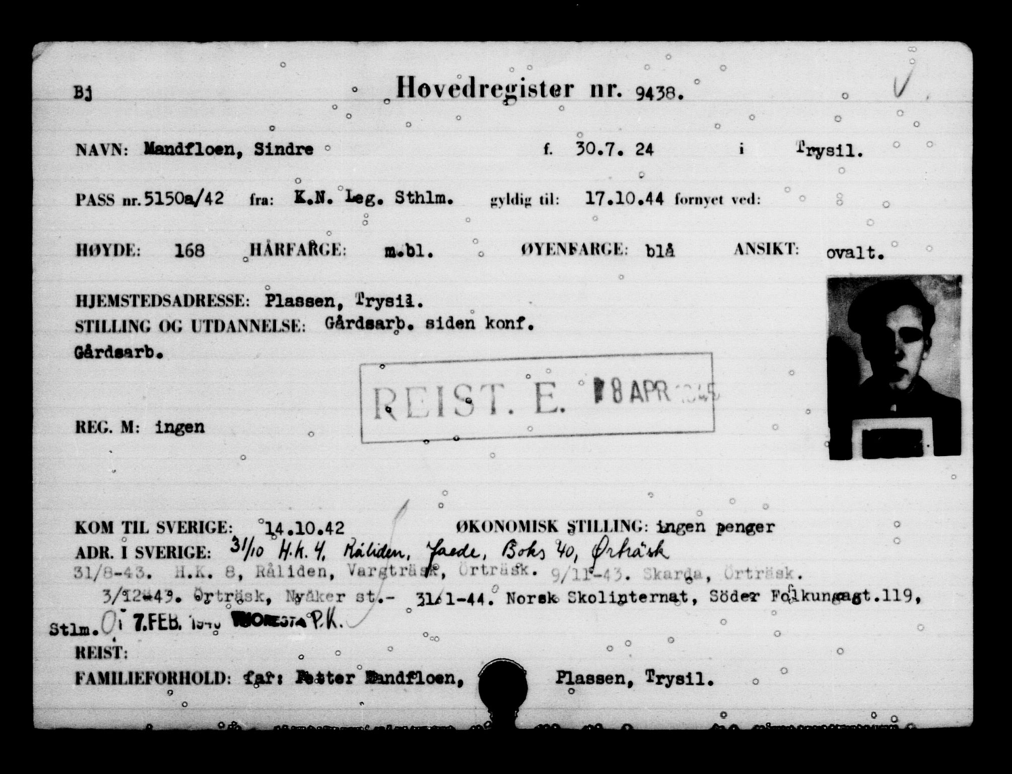 Utenriksstasjonene, Legasjonen i Stockholm, Flyktningkontoret, AV/RA-S-6753/V/Va/L0006: Kjesäterkartoteket, flyktninger med registreringsnr. 9400-12711, 1940-1945, s. 42