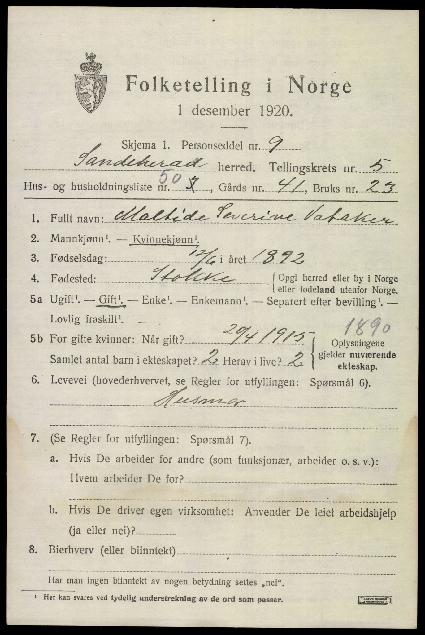 SAKO, Folketelling 1920 for 0724 Sandeherred herred, 1920, s. 8660