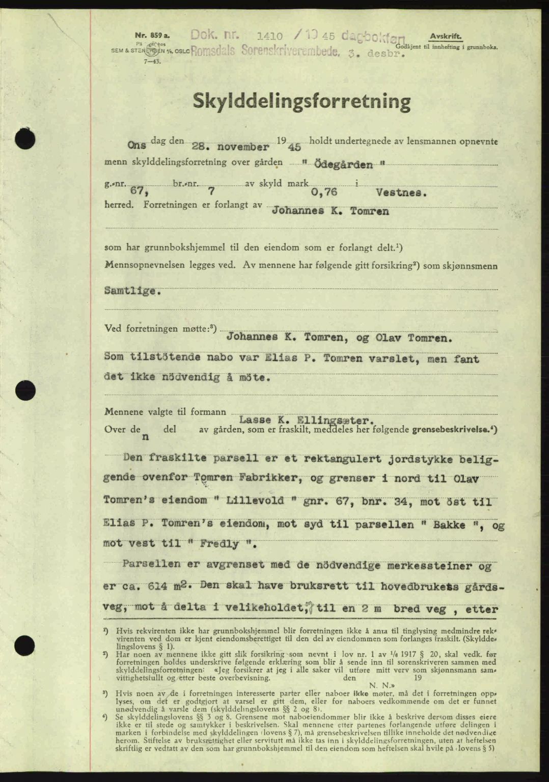 Romsdal sorenskriveri, SAT/A-4149/1/2/2C: Pantebok nr. A18, 1945-1945, Dagboknr: 1410/1945