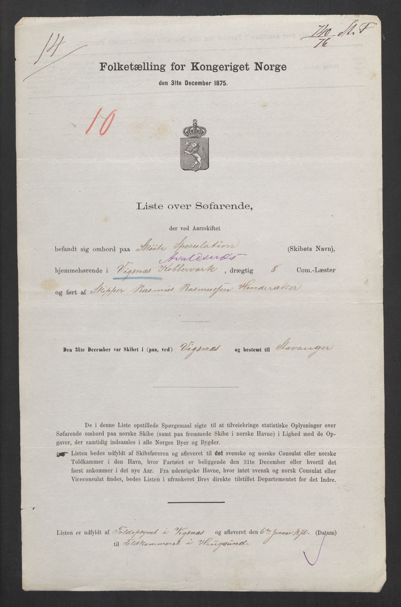 RA, Folketelling 1875, skipslister: Skip i innenrikske havner, hjemmehørende i 1) landdistrikter, 2) forskjellige steder, 3) utlandet, 1875, s. 48