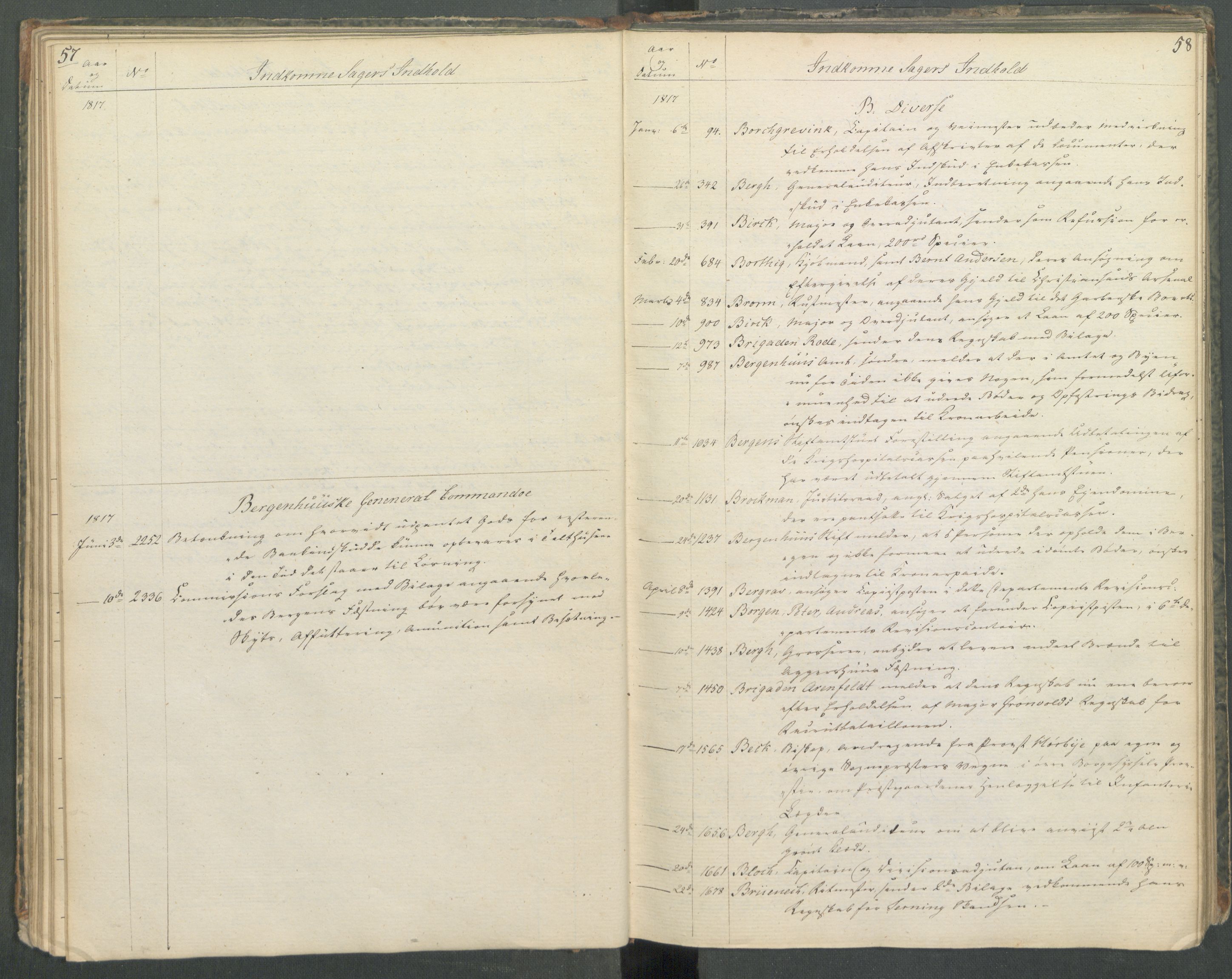 Armédepartementet, AV/RA-RAFA-3493/C/Ca/L0013: 6. Departements register over innkomne saker, 1817, s. 57-58