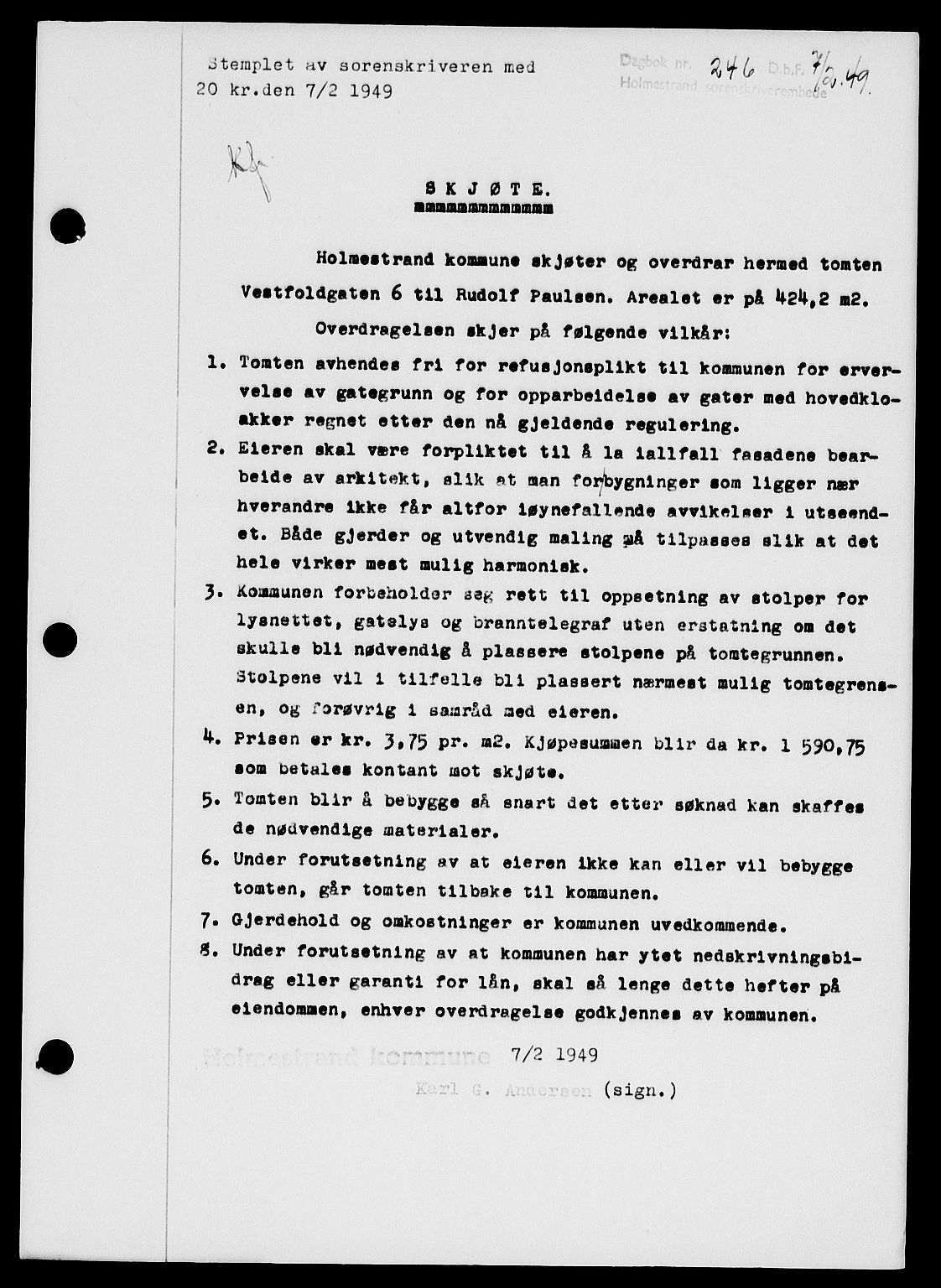 Holmestrand sorenskriveri, SAKO/A-67/G/Ga/Gaa/L0065: Pantebok nr. A-65, 1948-1949, Dagboknr: 246/1949