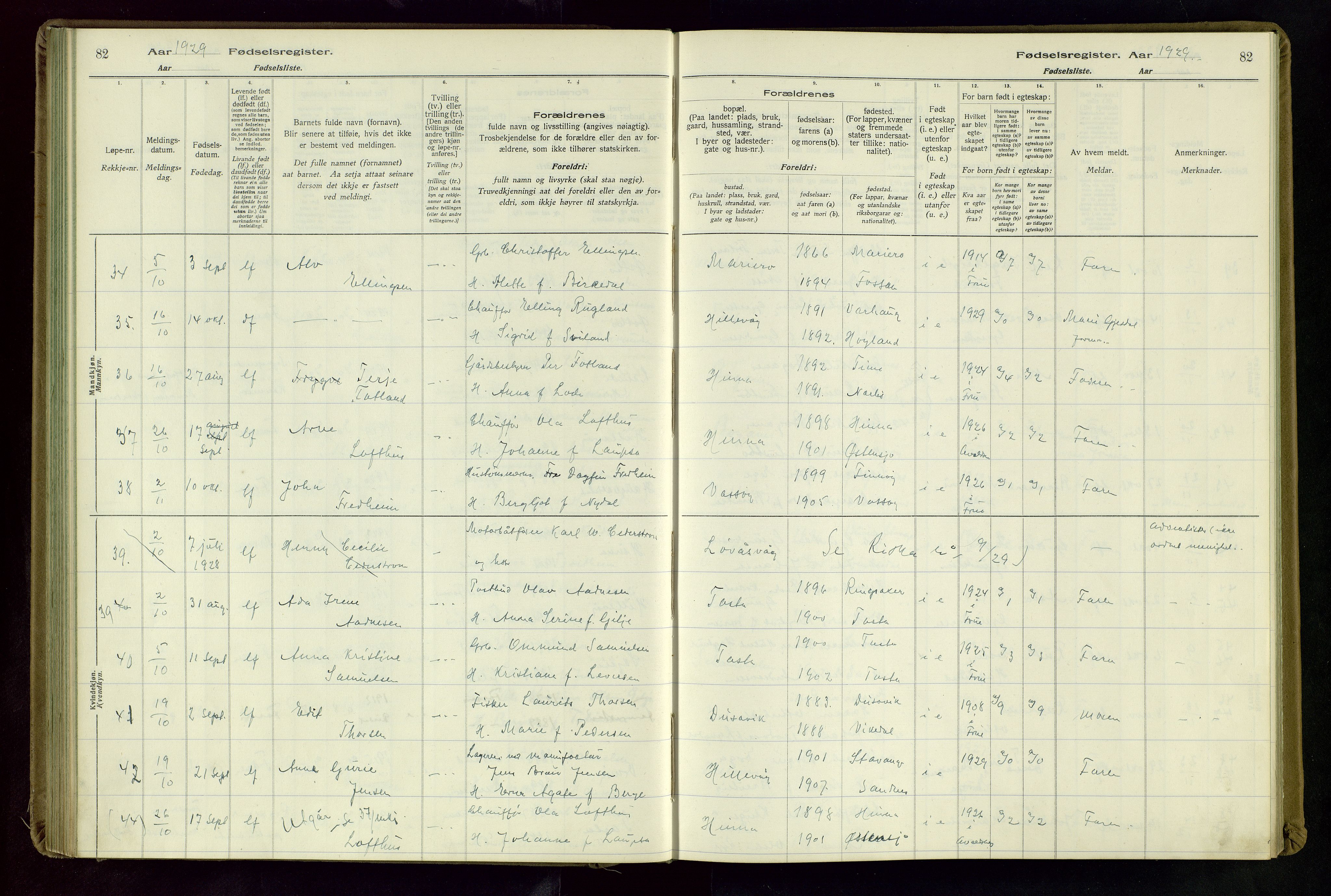 Hetland sokneprestkontor, SAST/A-101826/70/704BA/L0004: Fødselsregister nr. 4, 1923-1937, s. 82