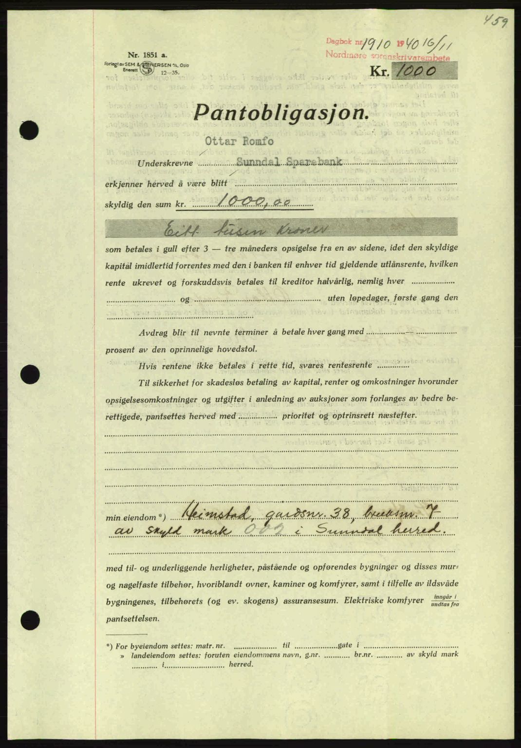 Nordmøre sorenskriveri, AV/SAT-A-4132/1/2/2Ca: Pantebok nr. B87, 1940-1941, Dagboknr: 1910/1940