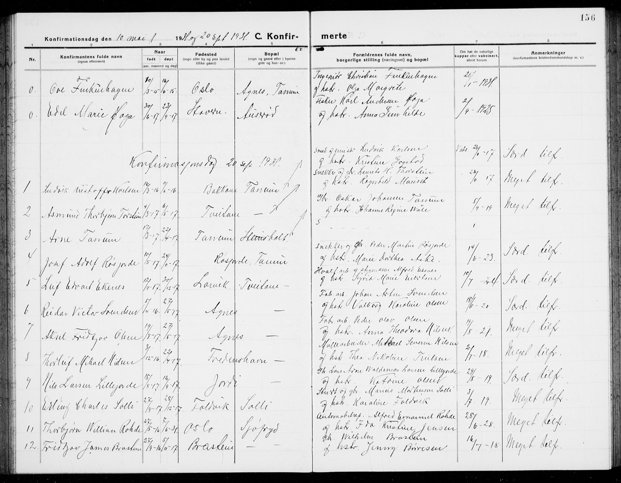 Brunlanes kirkebøker, AV/SAKO-A-342/G/Ga/L0005: Klokkerbok nr. I 5, 1918-1941, s. 156