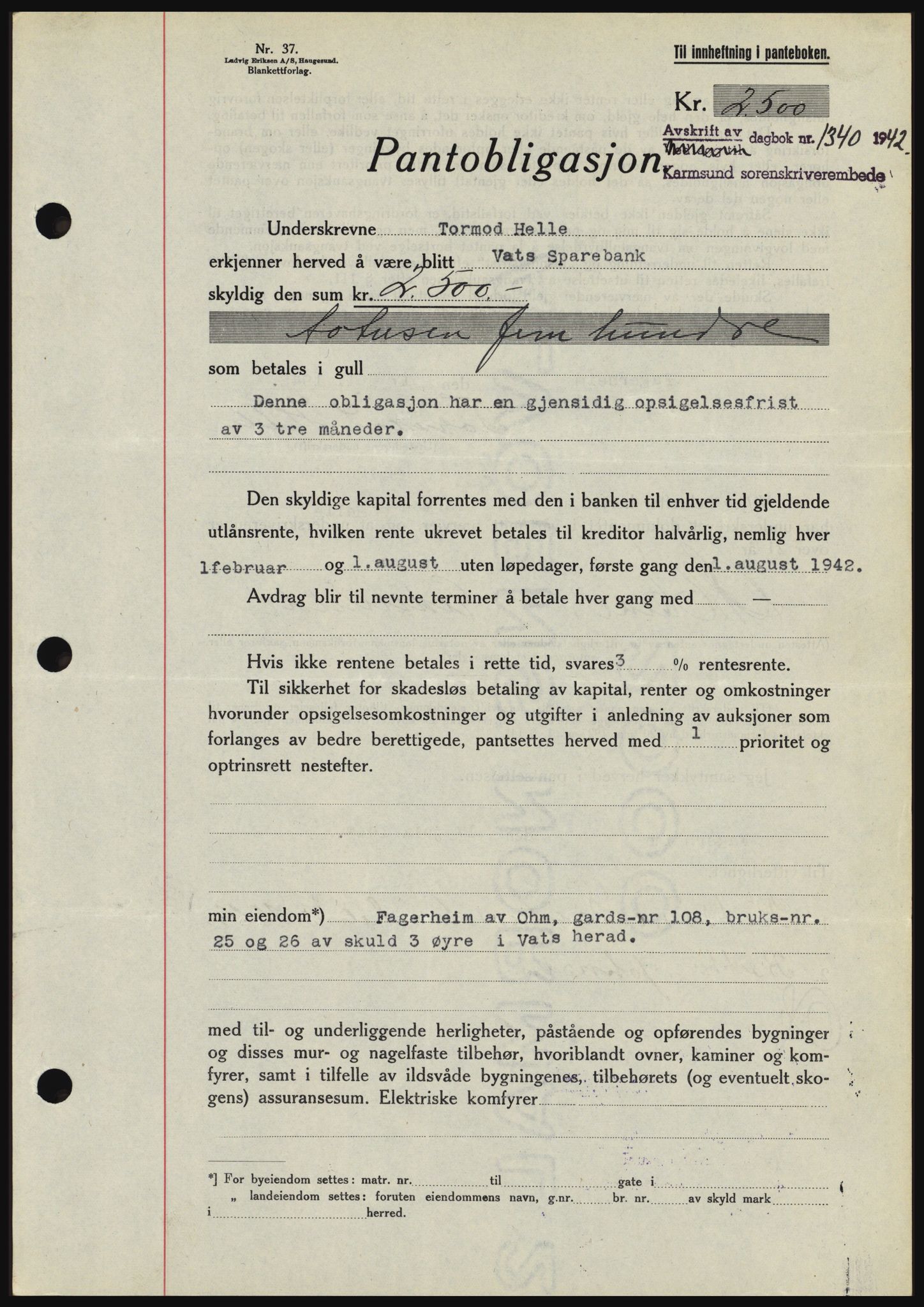 Karmsund sorenskriveri, SAST/A-100311/01/II/IIBBE/L0008: Pantebok nr. B 54, 1942-1943, Dagboknr: 1340/1942