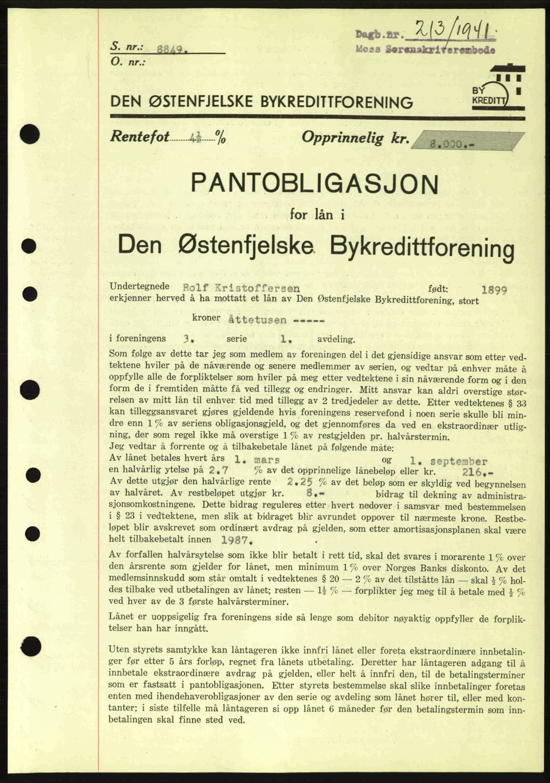 Moss sorenskriveri, SAO/A-10168: Pantebok nr. B10, 1940-1941, Dagboknr: 213/1941