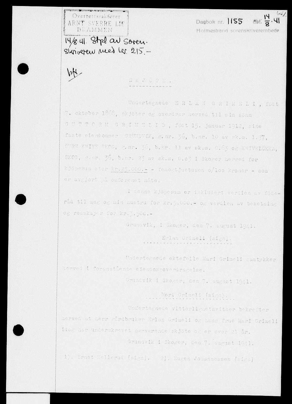 Holmestrand sorenskriveri, SAKO/A-67/G/Ga/Gaa/L0053: Pantebok nr. A-53, 1941-1941, Dagboknr: 1155/1941