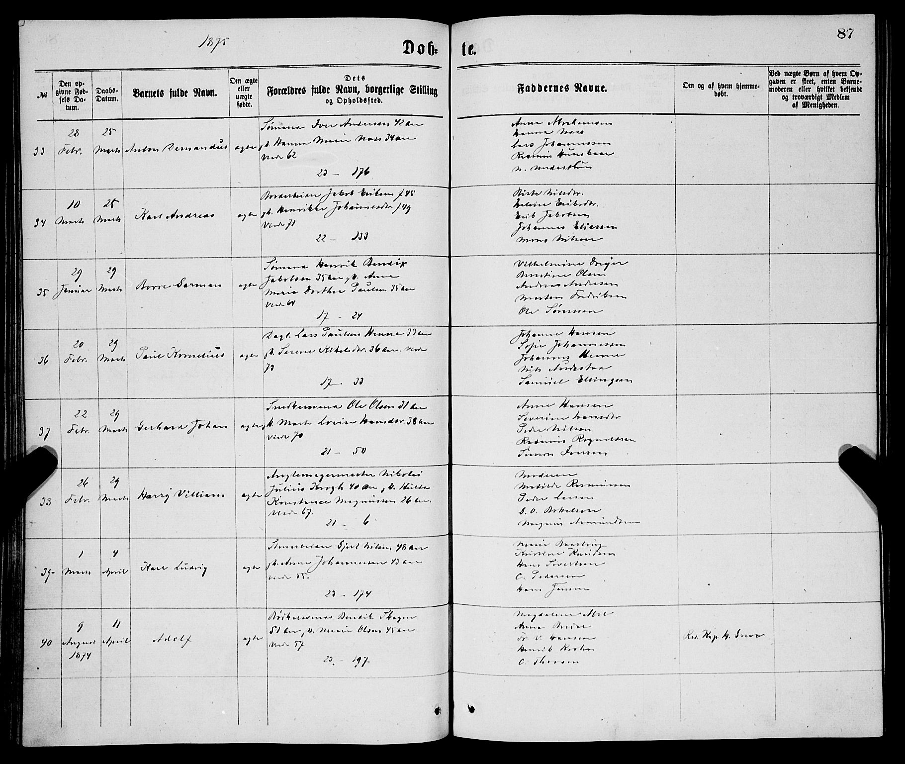 Korskirken sokneprestembete, AV/SAB-A-76101/H/Haa/L0020: Ministerialbok nr. B 6, 1871-1878, s. 87
