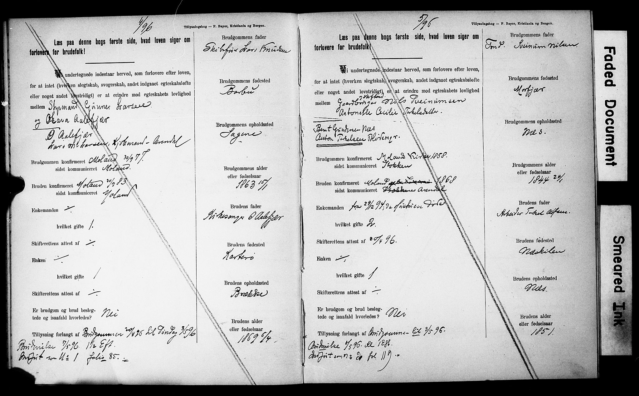 Austre Moland sokneprestkontor, AV/SAK-1111-0001/F/Fe/L0001: Lysningsprotokoll nr. A VI 10, 1895-1902