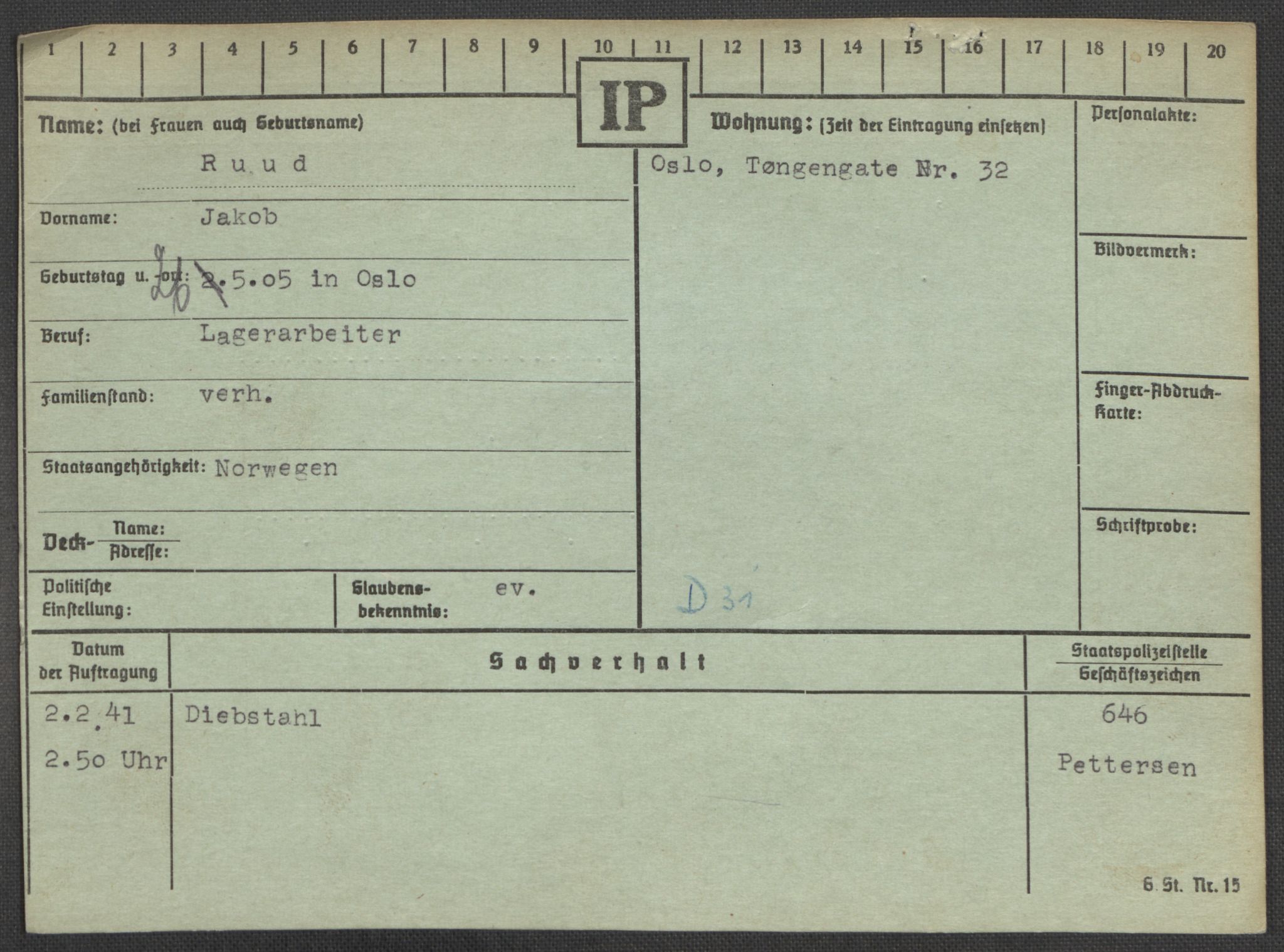 Befehlshaber der Sicherheitspolizei und des SD, RA/RAFA-5969/E/Ea/Eaa/L0008: Register over norske fanger i Møllergata 19: Oelze-Ru, 1940-1945, s. 1354