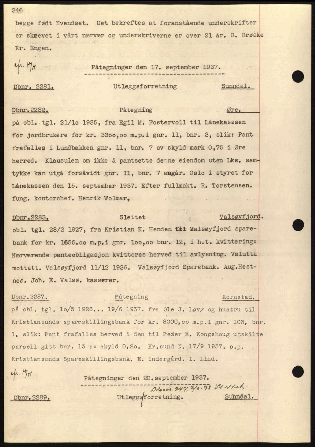 Nordmøre sorenskriveri, SAT/A-4132/1/2/2Ca: Pantebok nr. C80, 1936-1939, Dagboknr: 2281/1937