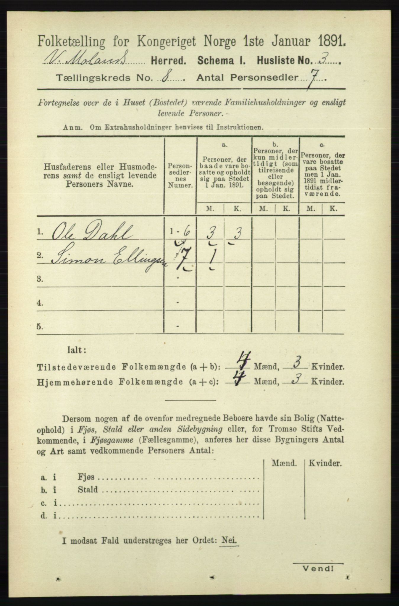 RA, Folketelling 1891 for 0926 Vestre Moland herred, 1891, s. 2972