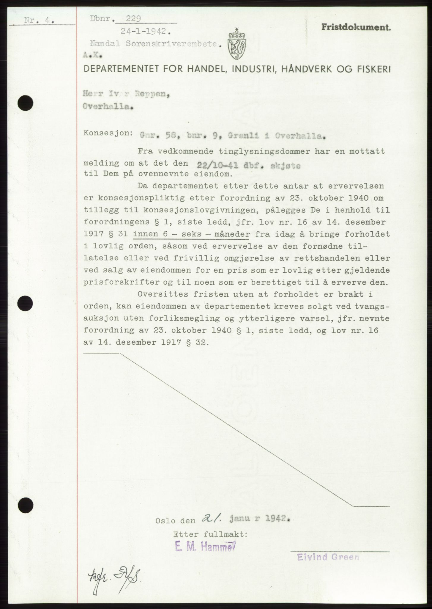 Namdal sorenskriveri, SAT/A-4133/1/2/2C: Pantebok nr. -, 1941-1942, Dagboknr: 229/1942