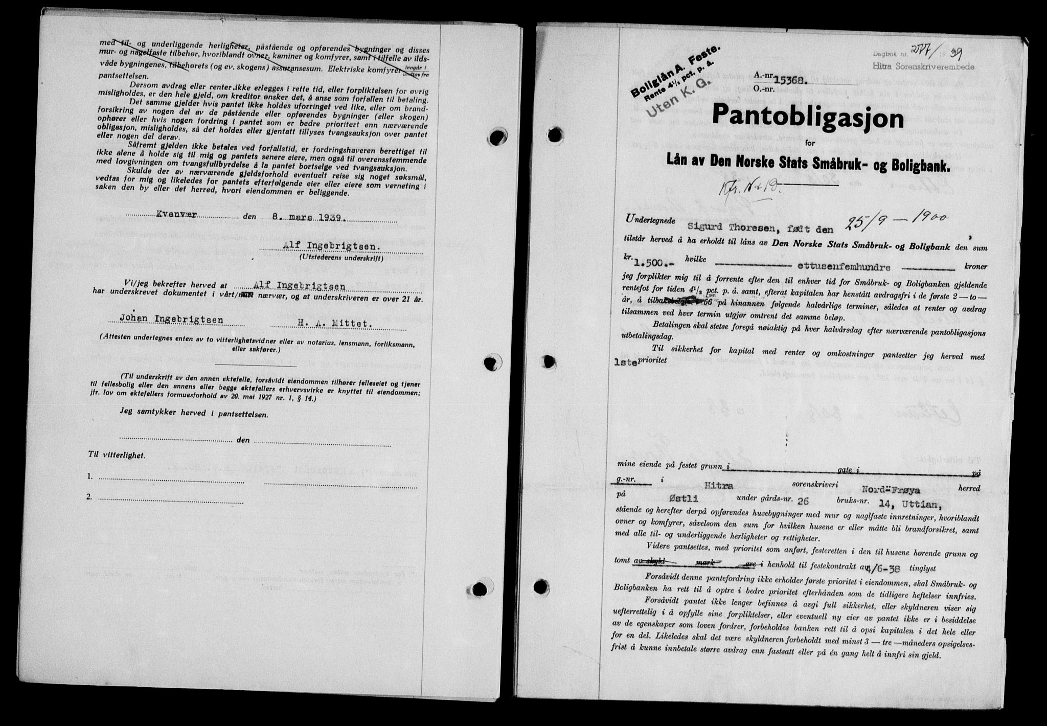 Hitra sorenskriveri, AV/SAT-A-0018/2/2C/2Ca/L0028: Pantebok nr. B-1, 1936-1939, Dagboknr: 277/1939