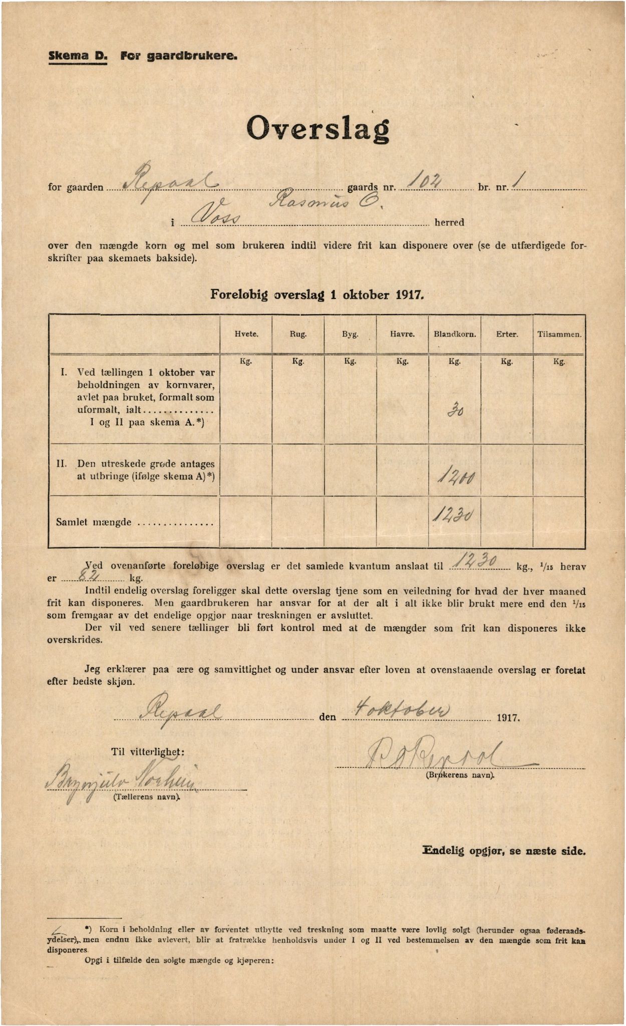 Voss kommune. Provianteringsrådet, IKAH/1235-840/F/Fa/L0001/0005: Kornteljinga. Oppgåve over gardbrukarar / Kornteljinga gnr. 100 Tøn – gnr. 140 Skiple , 1917