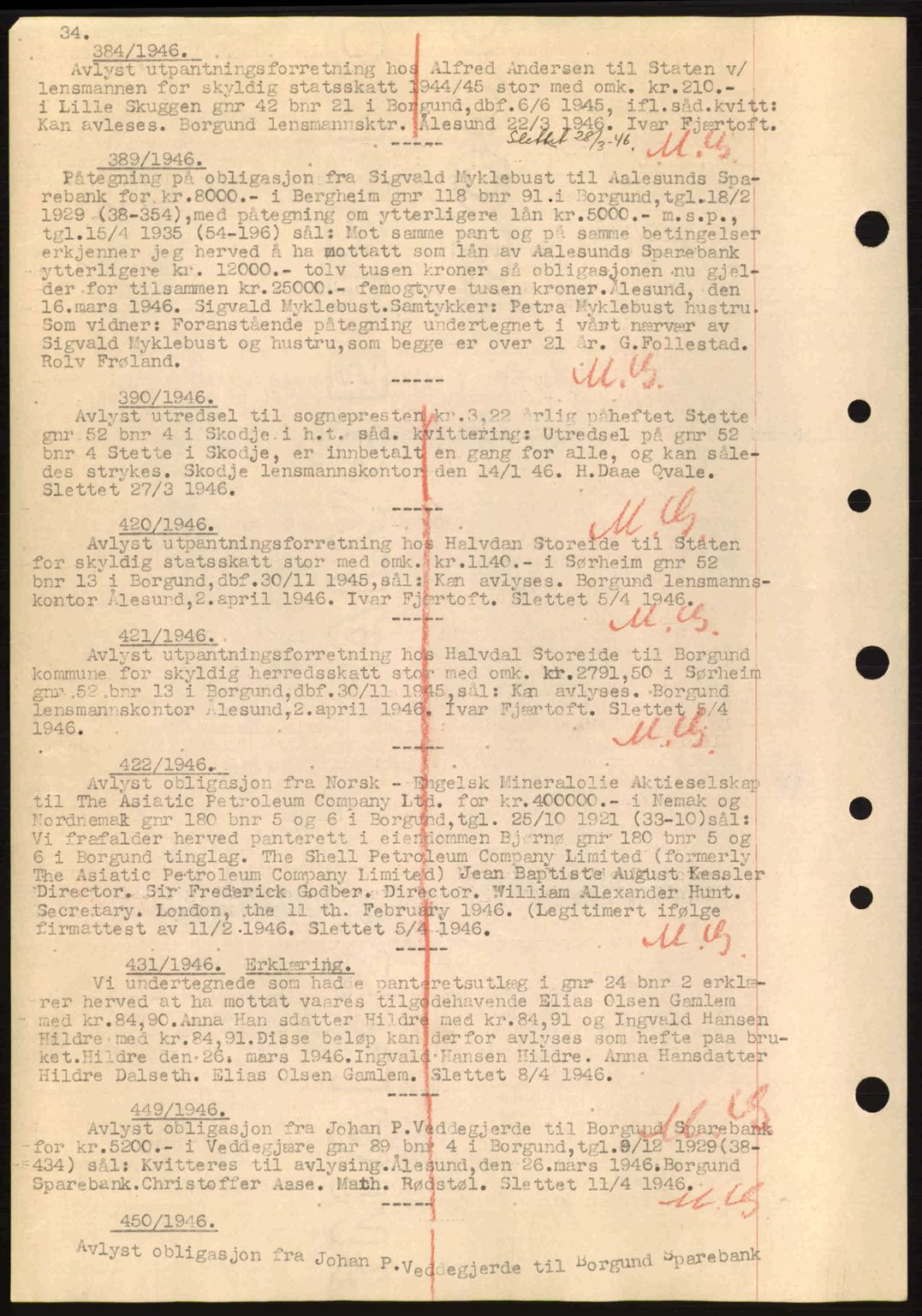 Nordre Sunnmøre sorenskriveri, SAT/A-0006/1/2/2C/2Ca: Pantebok nr. B6-14 a, 1942-1945, Dagboknr: 384/1946