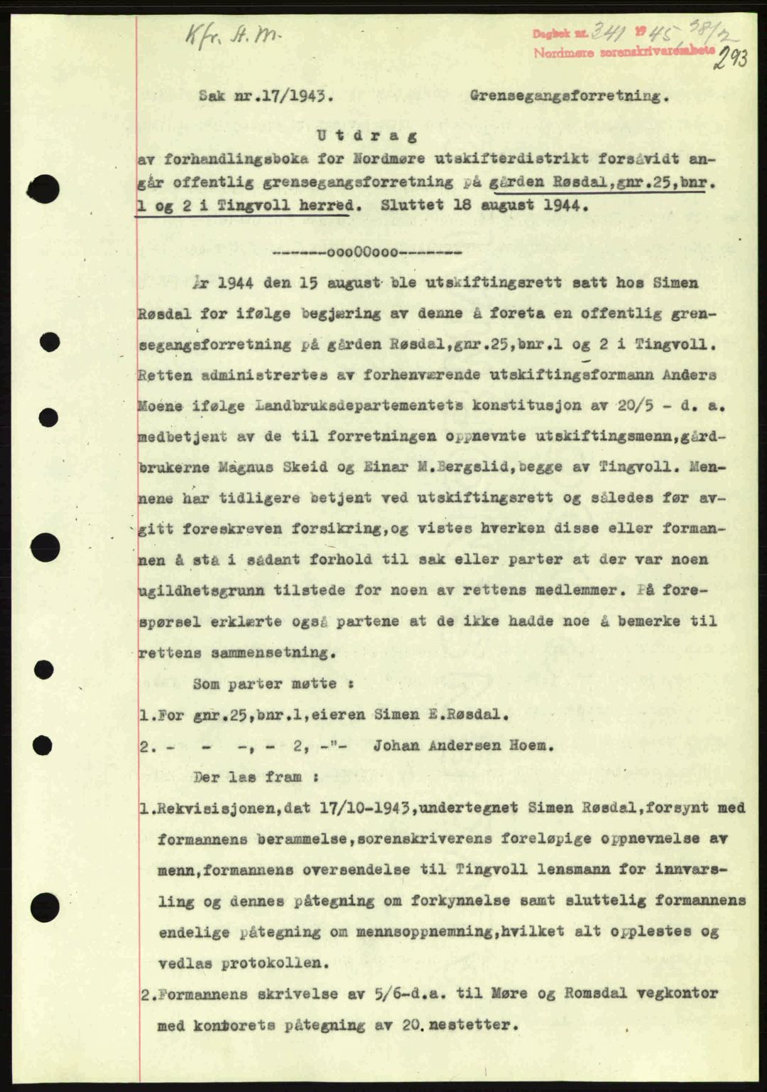Nordmøre sorenskriveri, SAT/A-4132/1/2/2Ca: Pantebok nr. A99, 1945-1945, Dagboknr: 341/1945