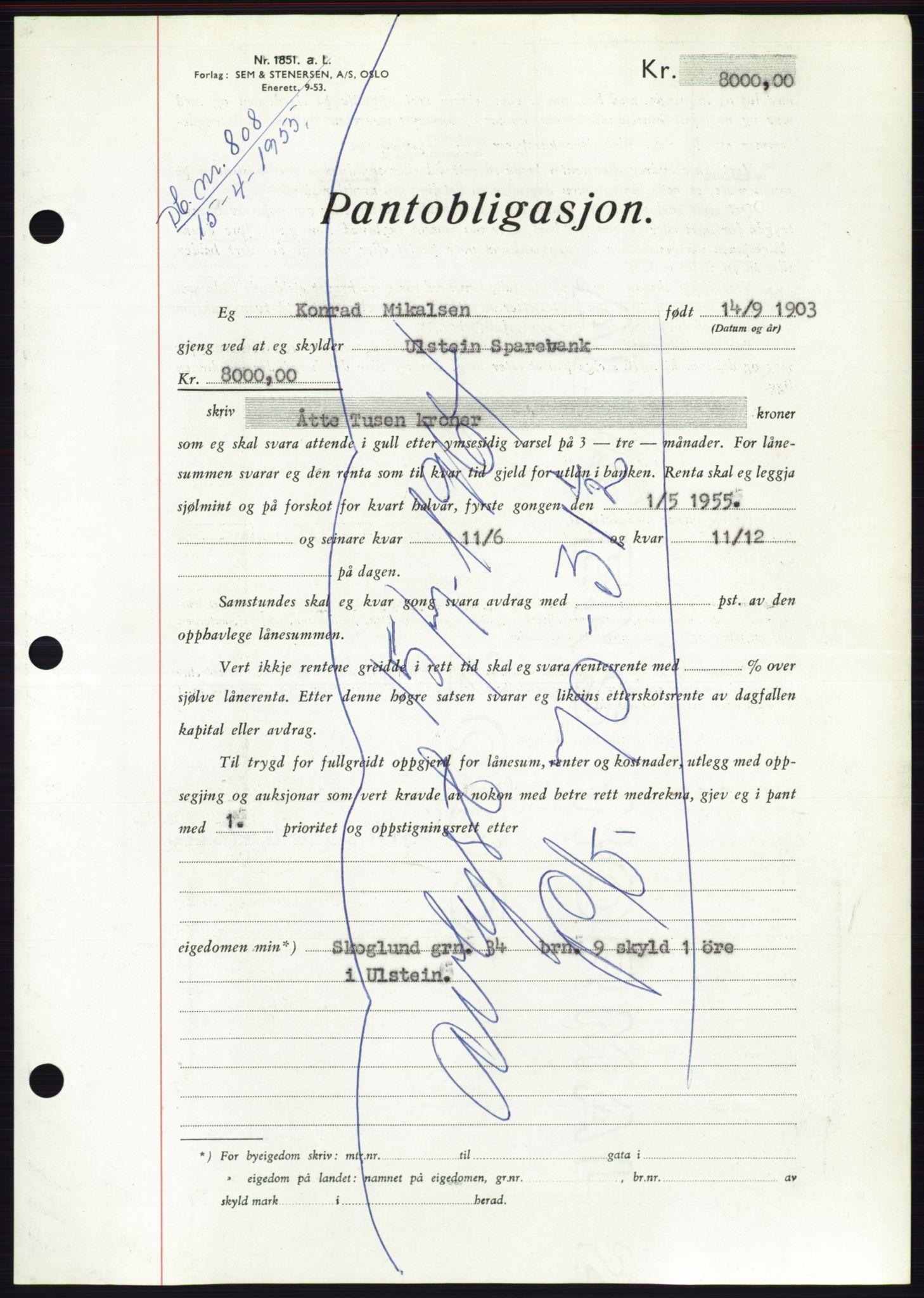 Søre Sunnmøre sorenskriveri, AV/SAT-A-4122/1/2/2C/L0126: Pantebok nr. 14B, 1954-1955, Dagboknr: 808/1955