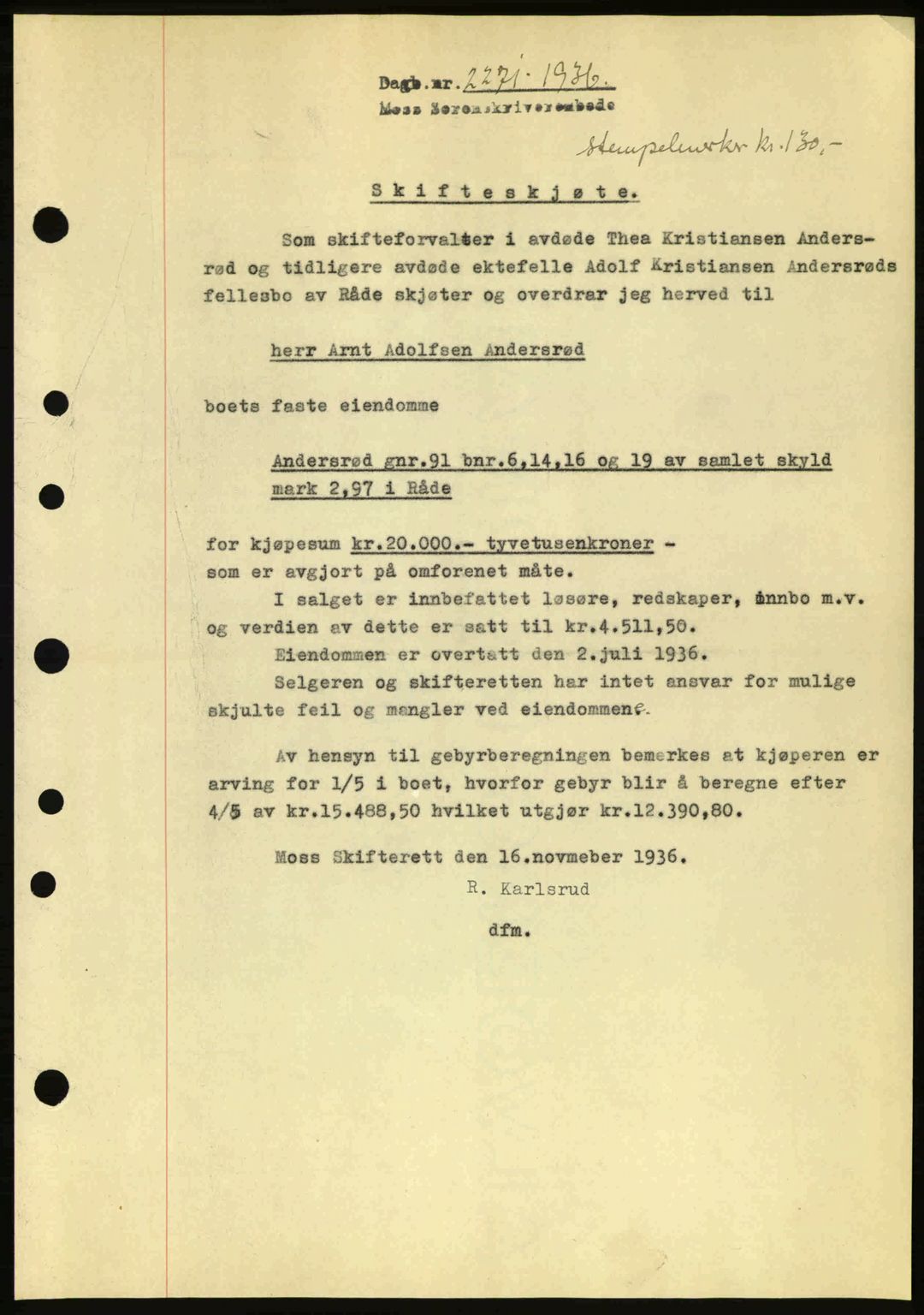 Moss sorenskriveri, SAO/A-10168: Pantebok nr. A2, 1936-1937, Dagboknr: 2271/1936