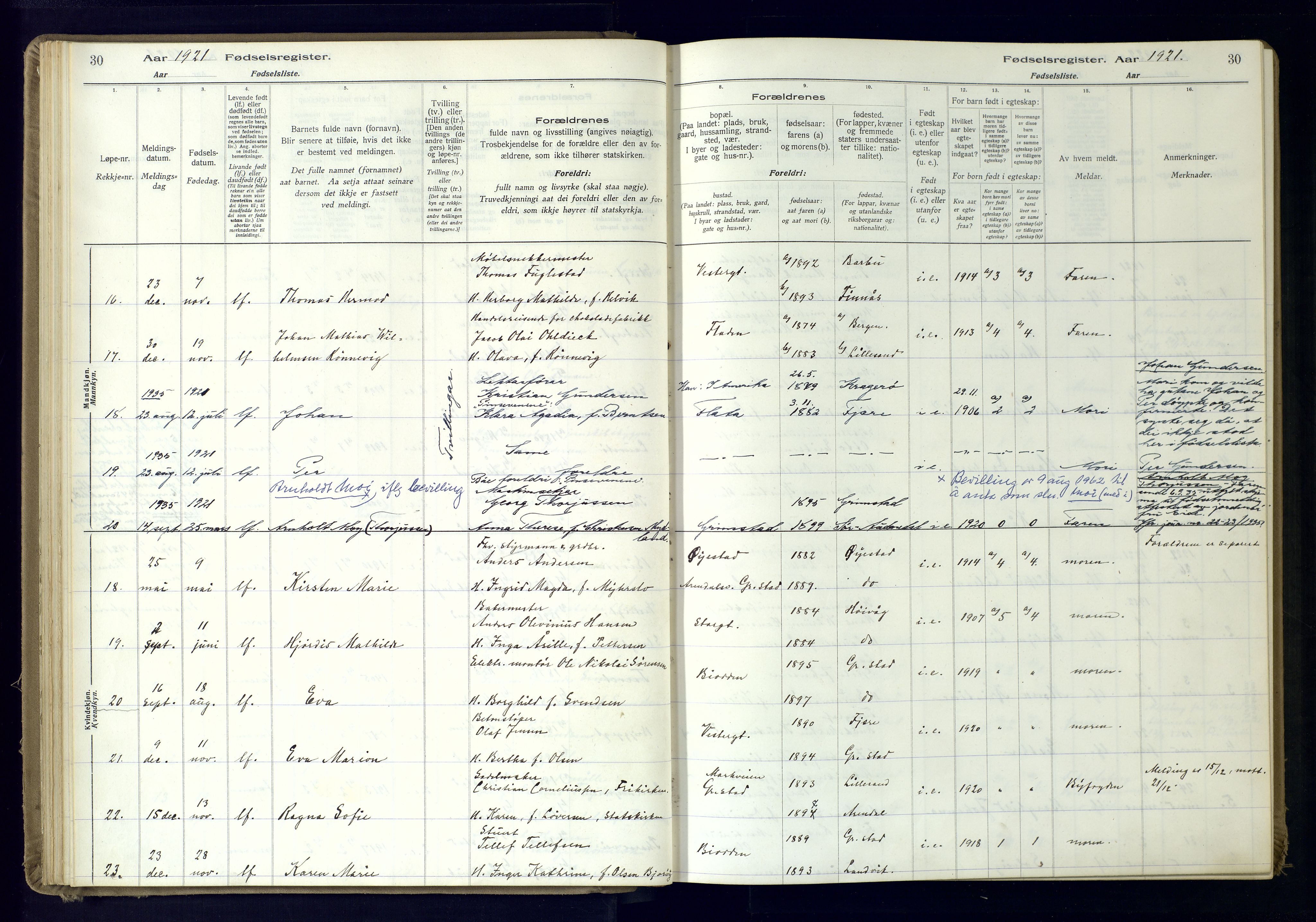 Grimstad sokneprestkontor, SAK/1111-0017/J/Ja/L0001: Fødselsregister nr. 1, 1916-1960, s. 30