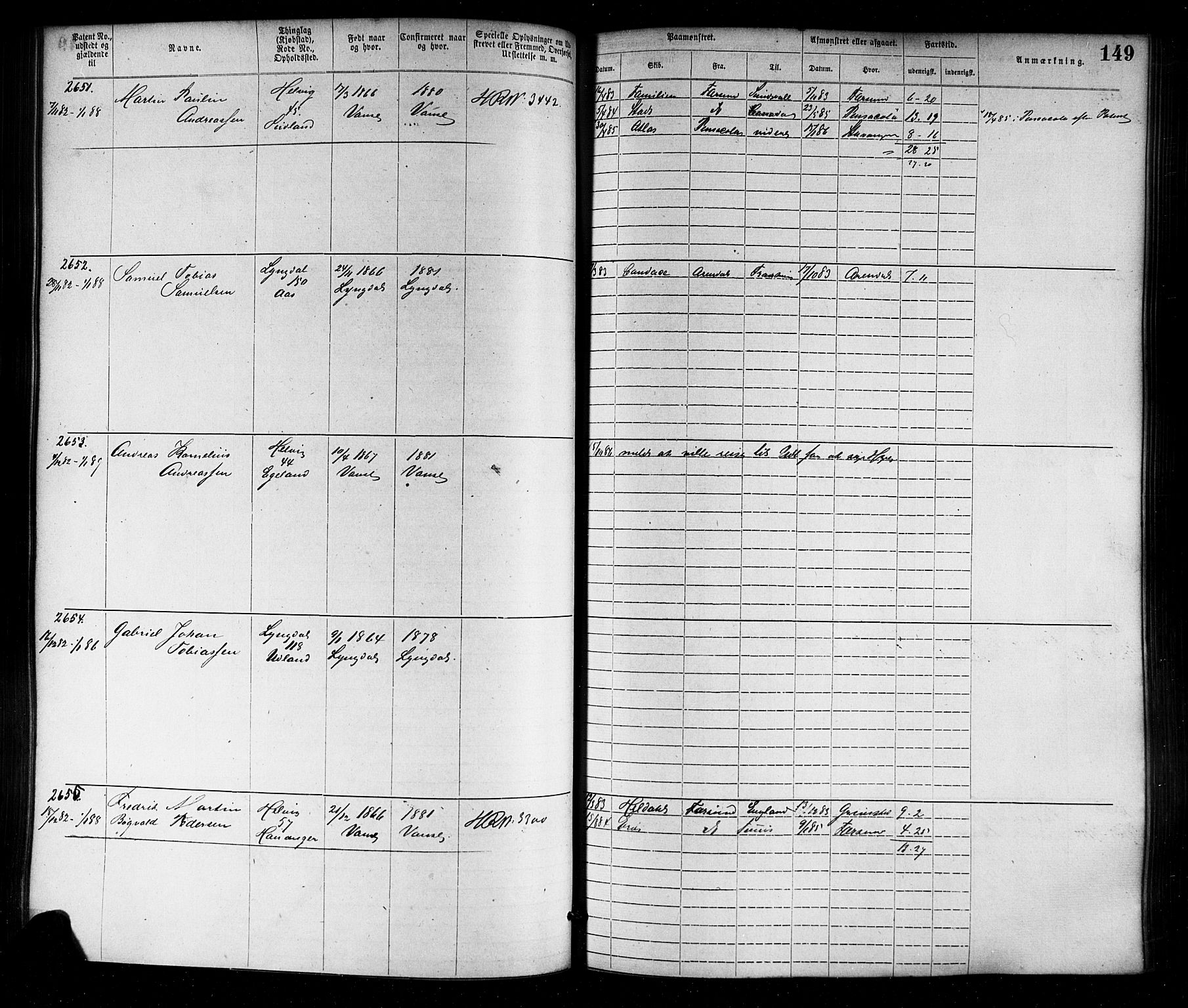 Farsund mønstringskrets, SAK/2031-0017/F/Fa/L0006: Annotasjonsrulle nr 1911-3805 med register, Z-3, 1877-1894, s. 179