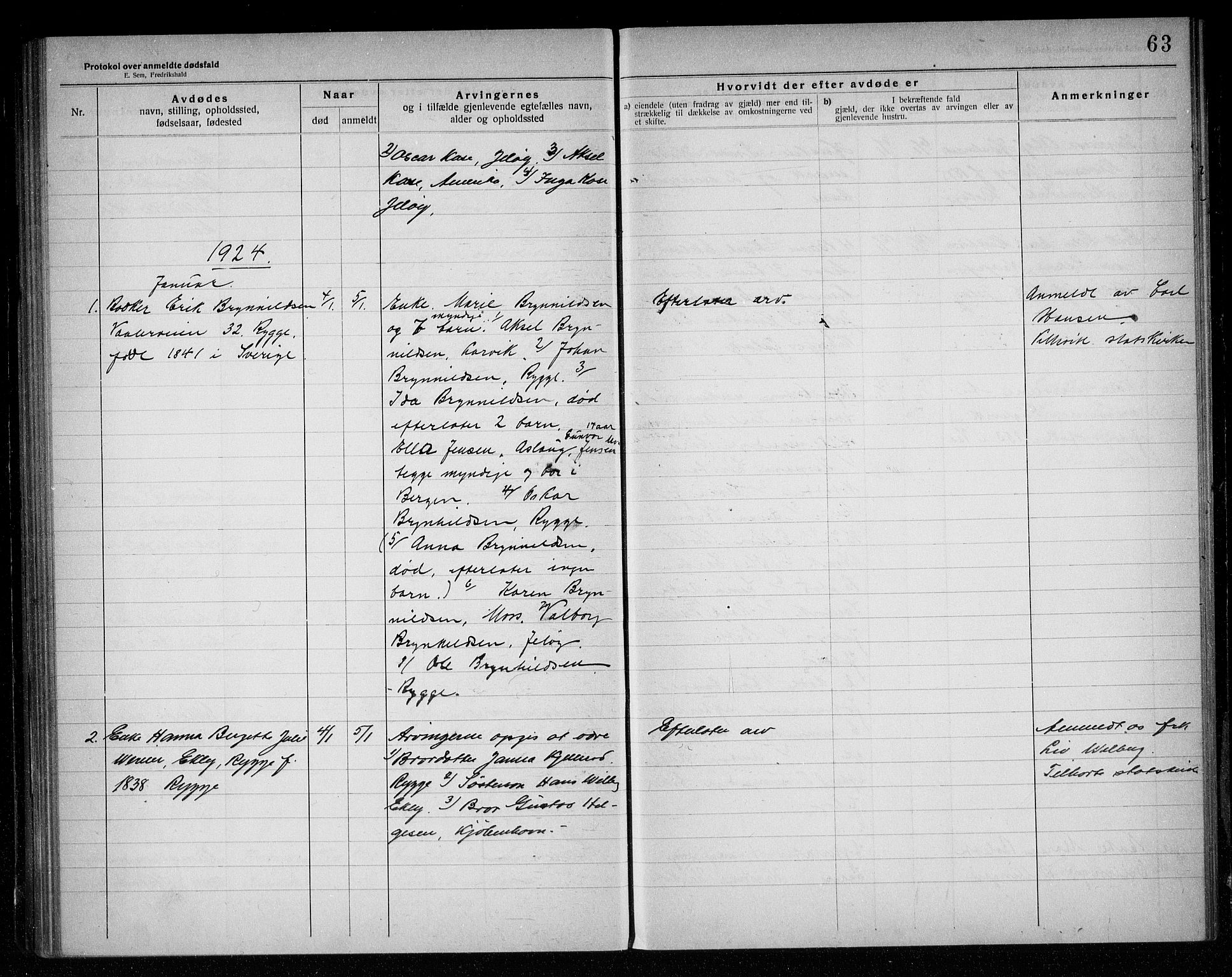 Rygge lensmannskontor, SAO/A-10005/H/Ha/Haa/L0007: Dødsfallsprotokoll, 1920-1925, s. 63