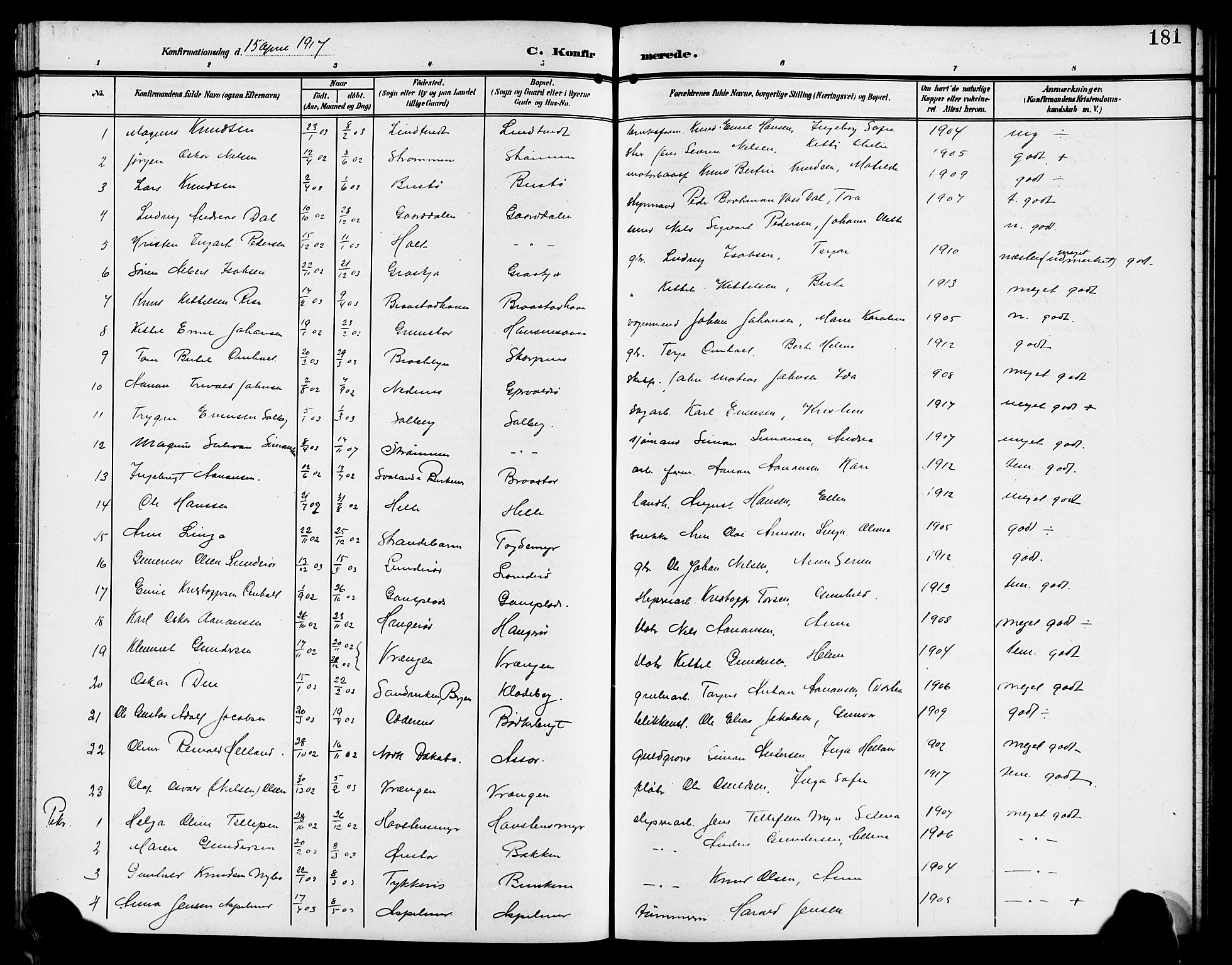 Øyestad sokneprestkontor, AV/SAK-1111-0049/F/Fb/L0011: Klokkerbok nr. B 11, 1906-1918, s. 181