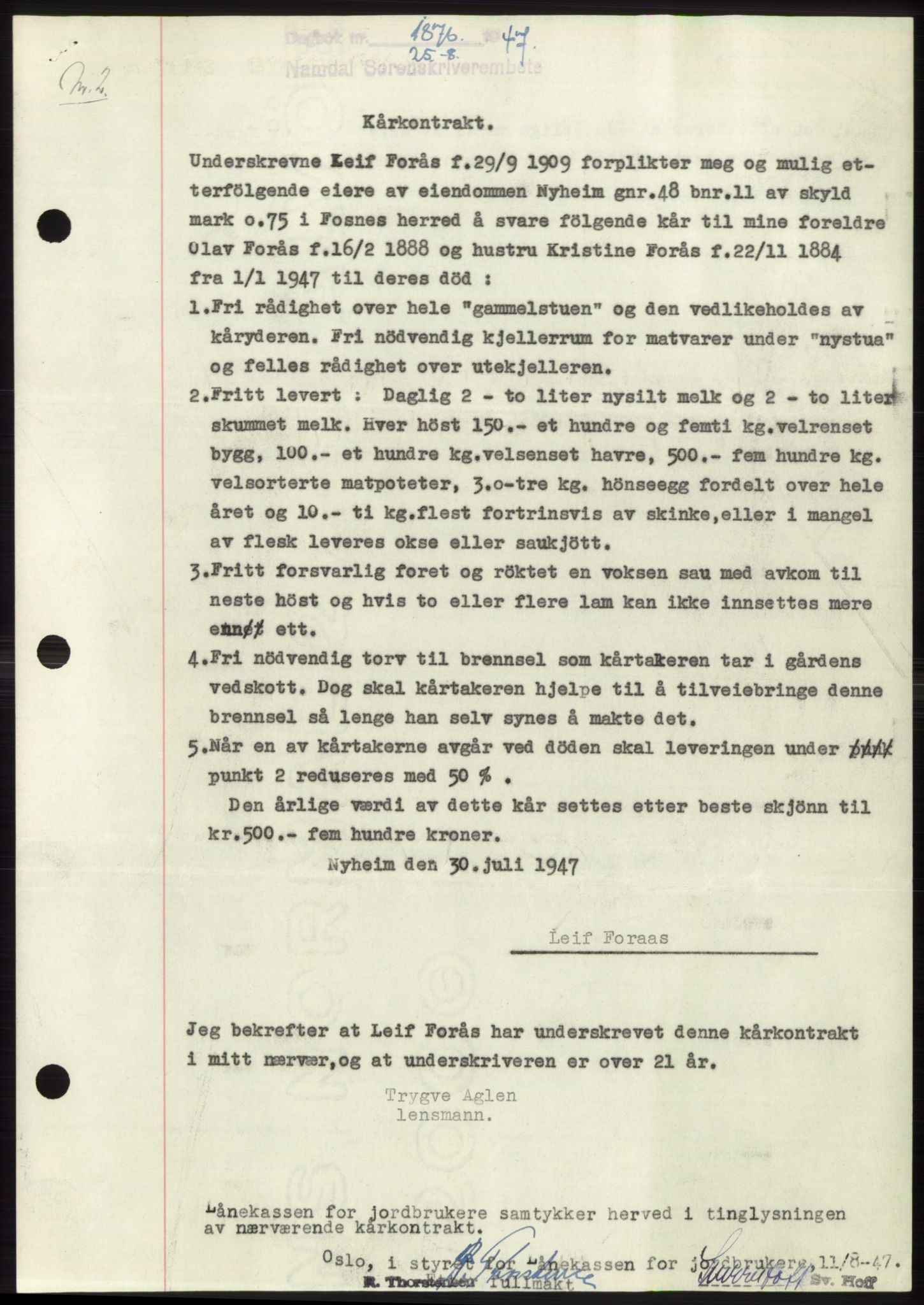 Namdal sorenskriveri, SAT/A-4133/1/2/2C: Pantebok nr. -, 1947-1947, Dagboknr: 1876/1947