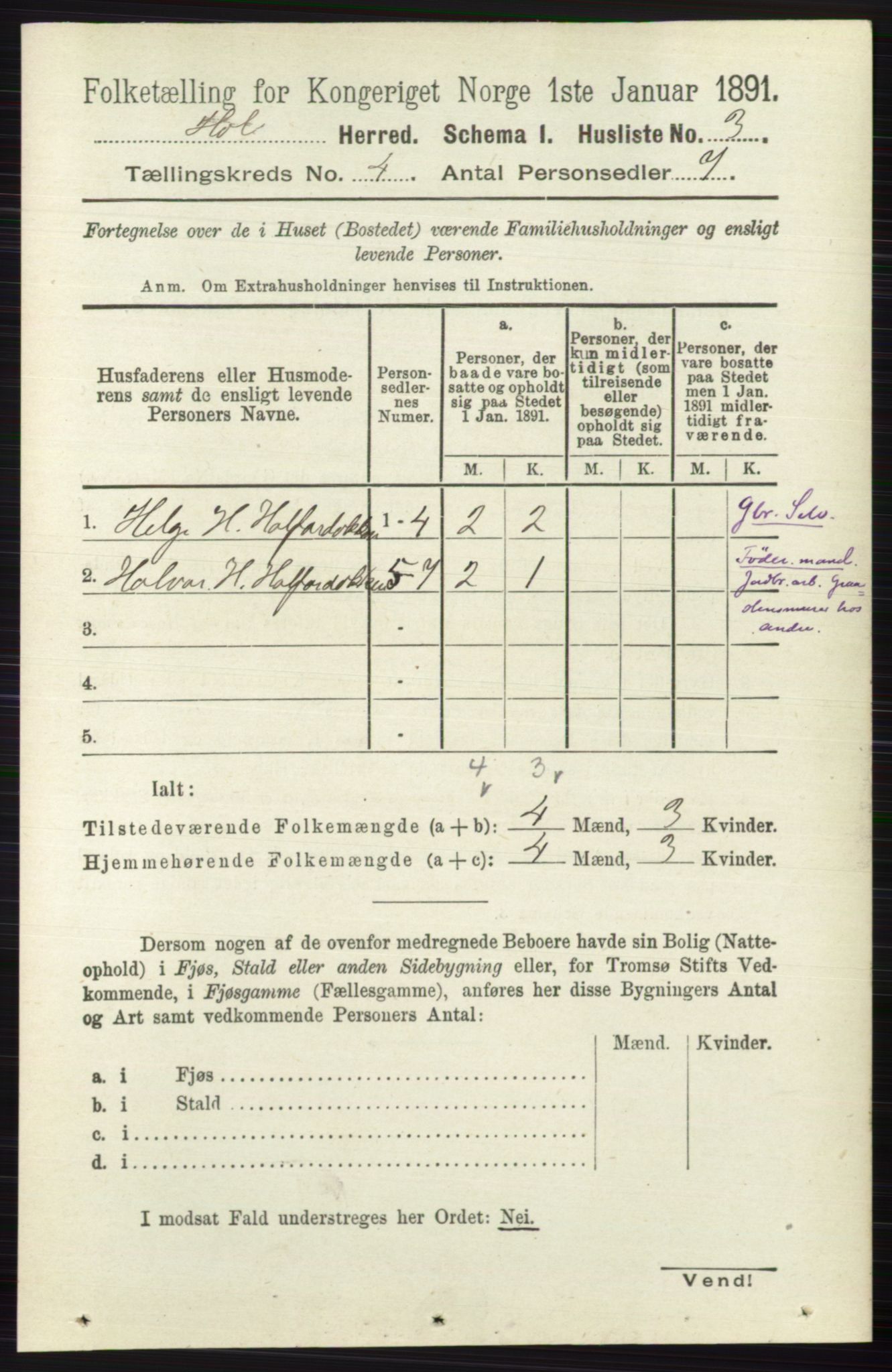 RA, Folketelling 1891 for 0620 Hol herred, 1891, s. 1228