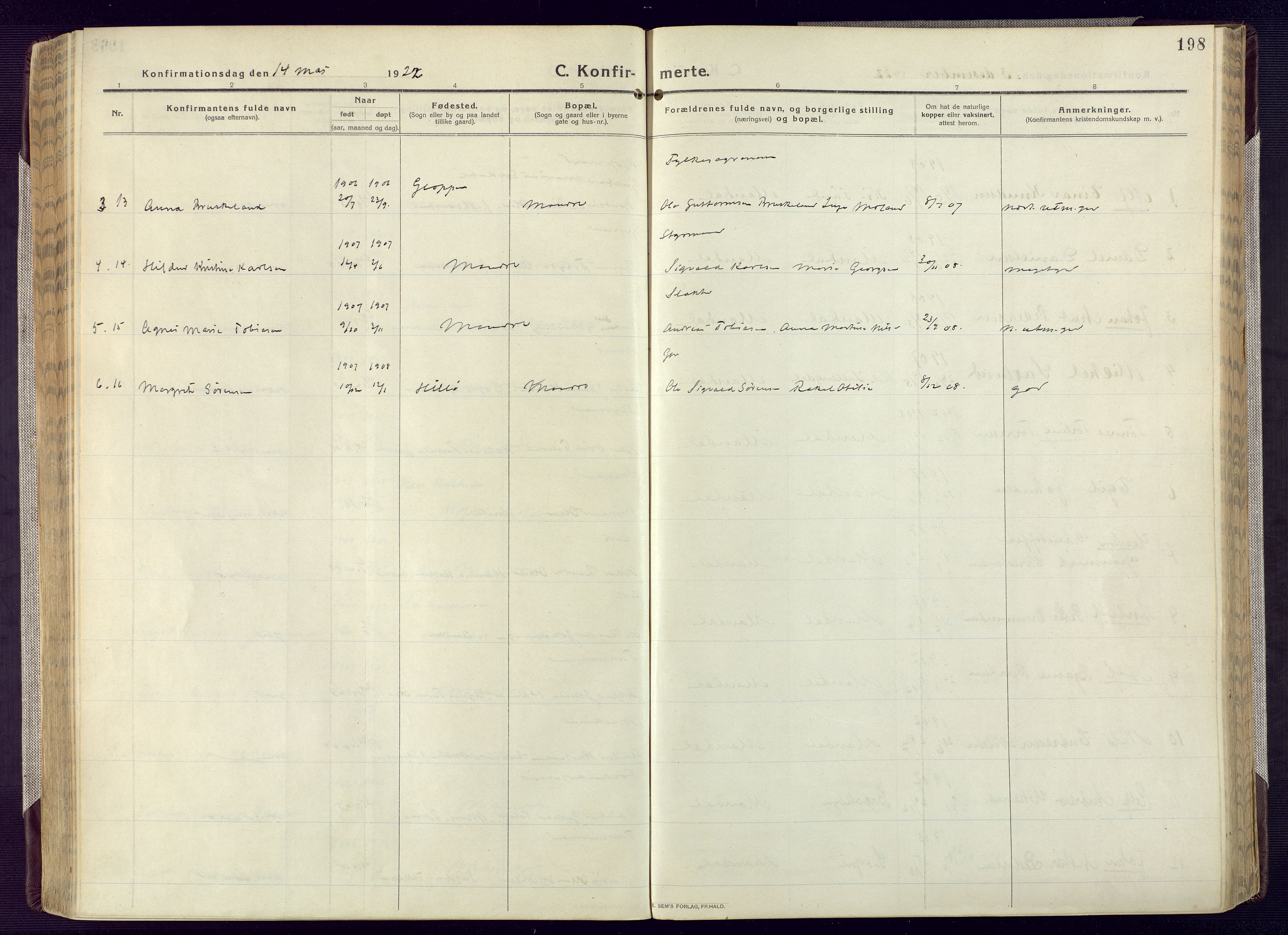 Mandal sokneprestkontor, SAK/1111-0030/F/Fa/Fac/L0001: Ministerialbok nr. A 1, 1913-1925, s. 198