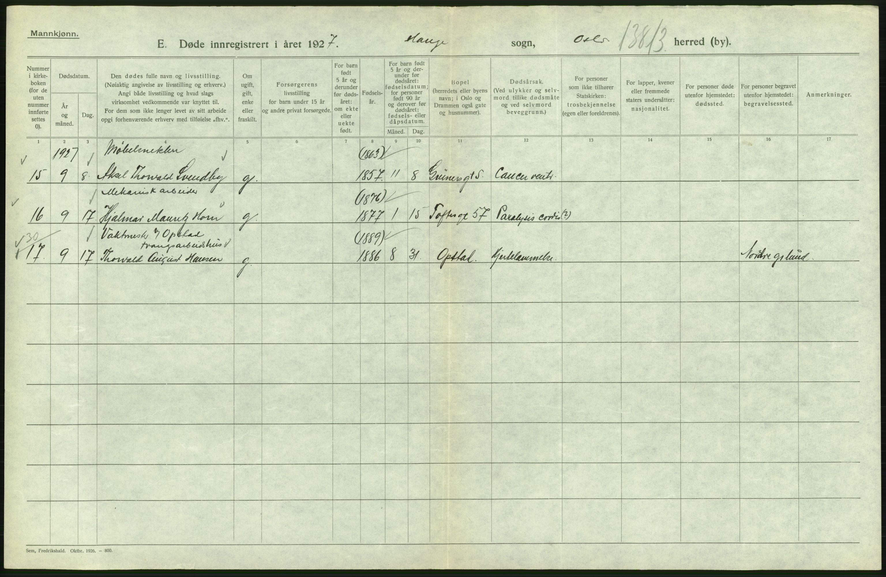 Statistisk sentralbyrå, Sosiodemografiske emner, Befolkning, AV/RA-S-2228/D/Df/Dfc/Dfcg/L0009: Oslo: Døde menn, 1927, s. 384