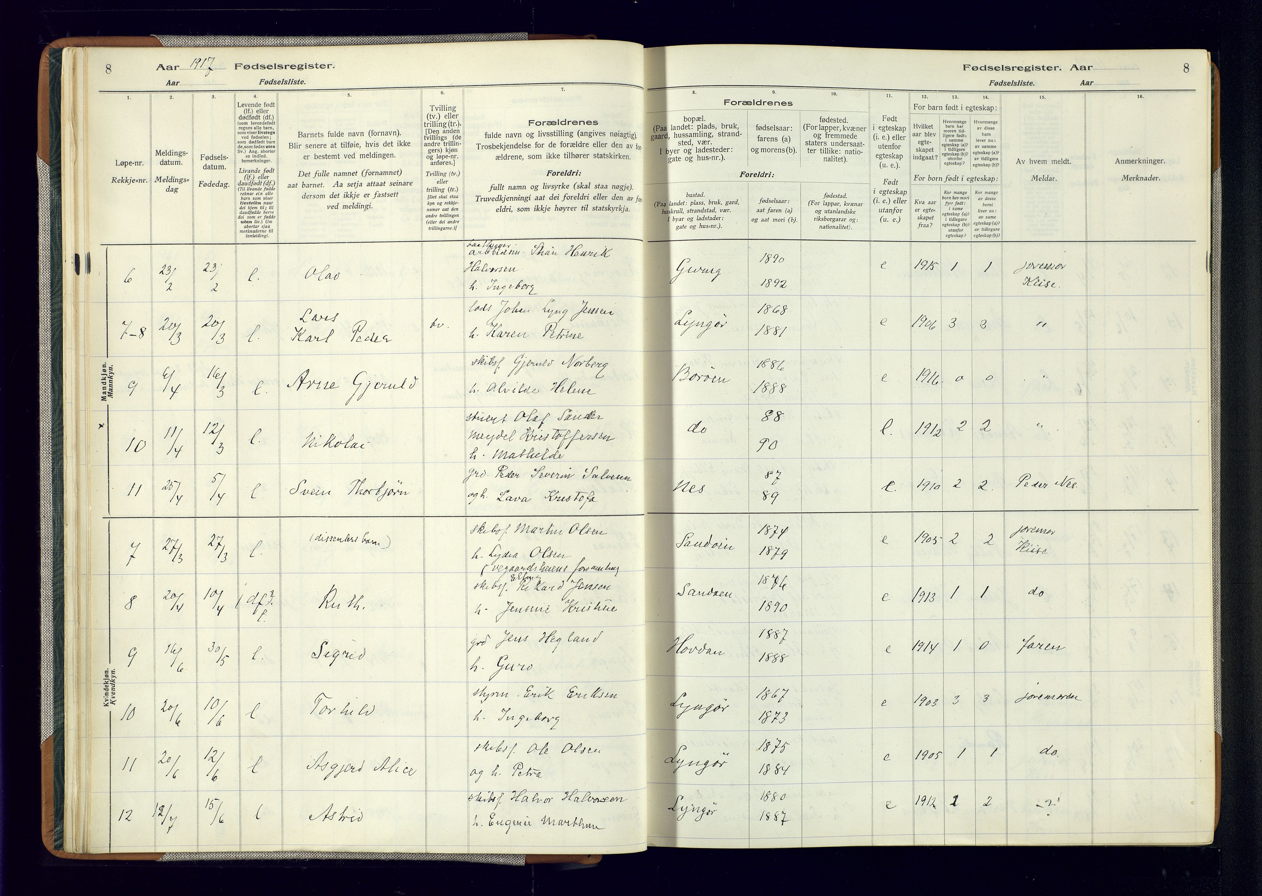 Dypvåg sokneprestkontor, AV/SAK-1111-0007/J/Ja/L0001: Fødselsregister nr. II.4.3, 1916-1975, s. 8