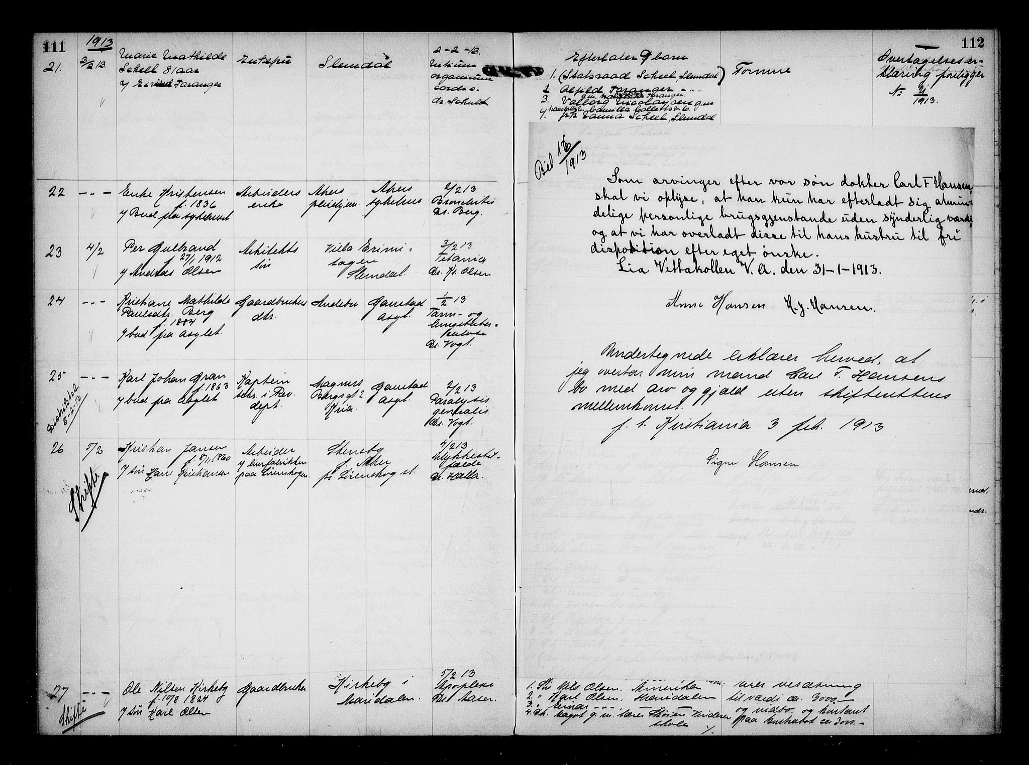 Aker kriminaldommer, skifte- og auksjonsforvalterembete, AV/SAO-A-10452/H/Hb/Hba/Hbaa/L0003: Dødsfallsprotokoll, 1912-1914, s. 111-112
