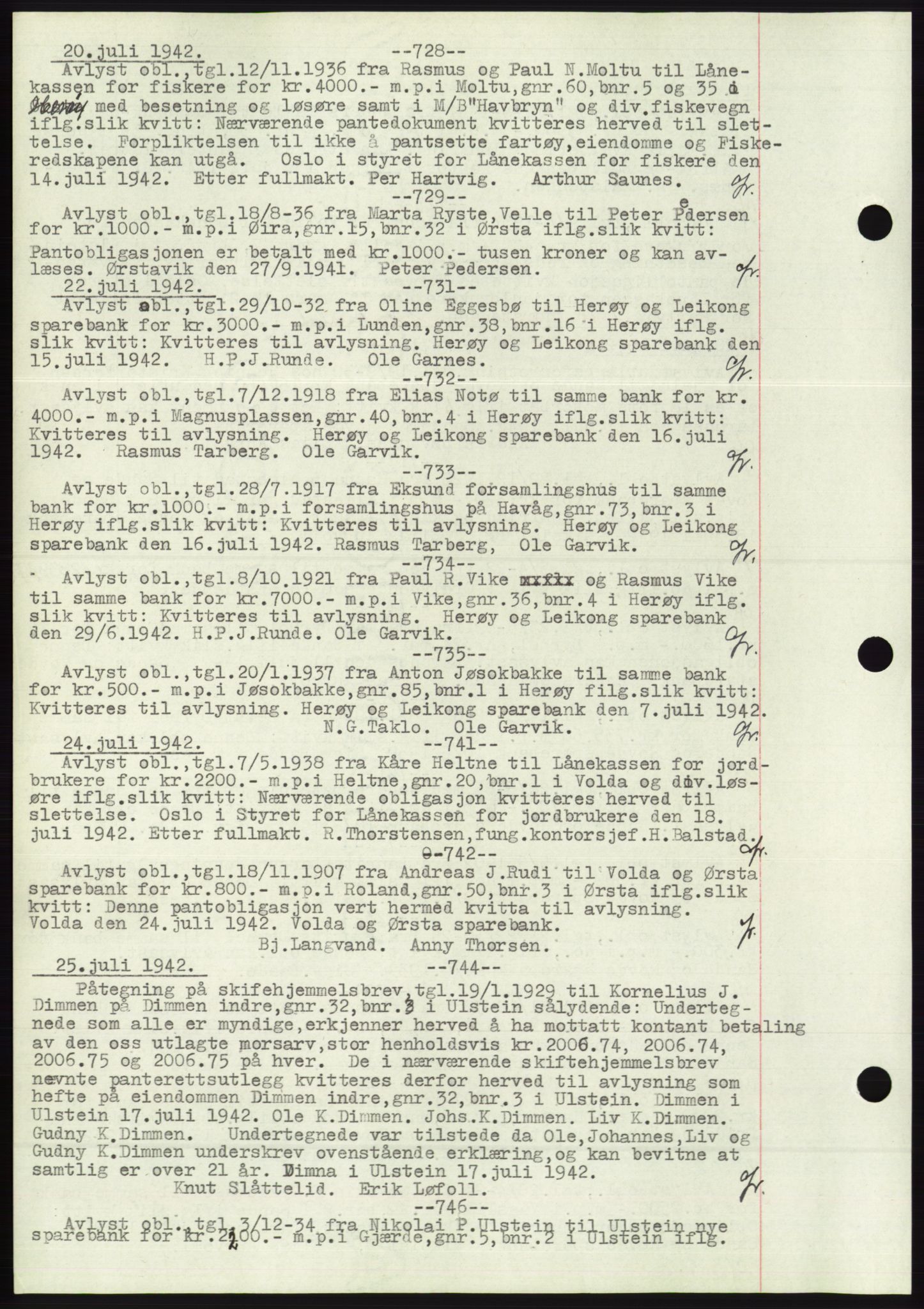 Søre Sunnmøre sorenskriveri, AV/SAT-A-4122/1/2/2C/L0072: Pantebok nr. 66, 1941-1955, Dagboknr: 728/1942