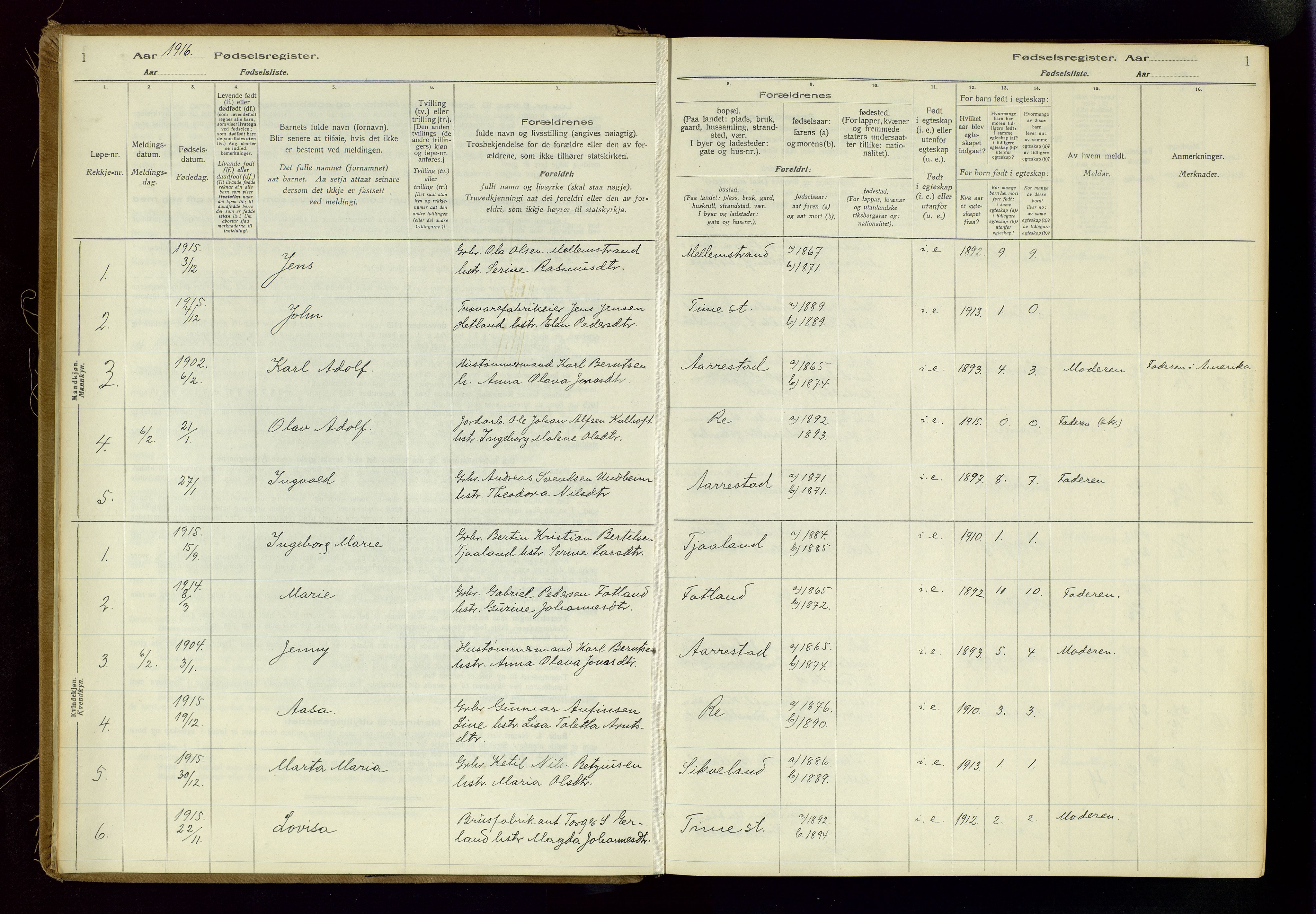 Time sokneprestkontor, SAST/A-101795/001/704BA/L0001: Fødselsregister nr. 1, 1916-1934, s. 1