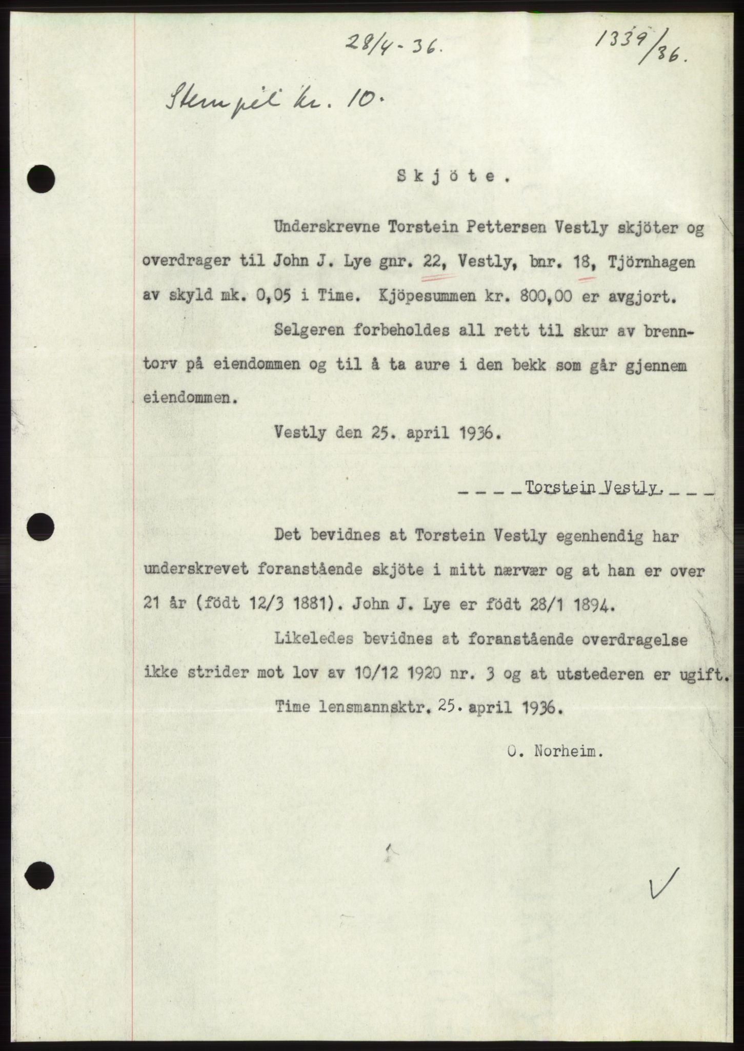 Jæren sorenskriveri, SAST/A-100310/03/G/Gba/L0065: Pantebok nr. 71, 1936-1936, Dagboknr: 1339/1936